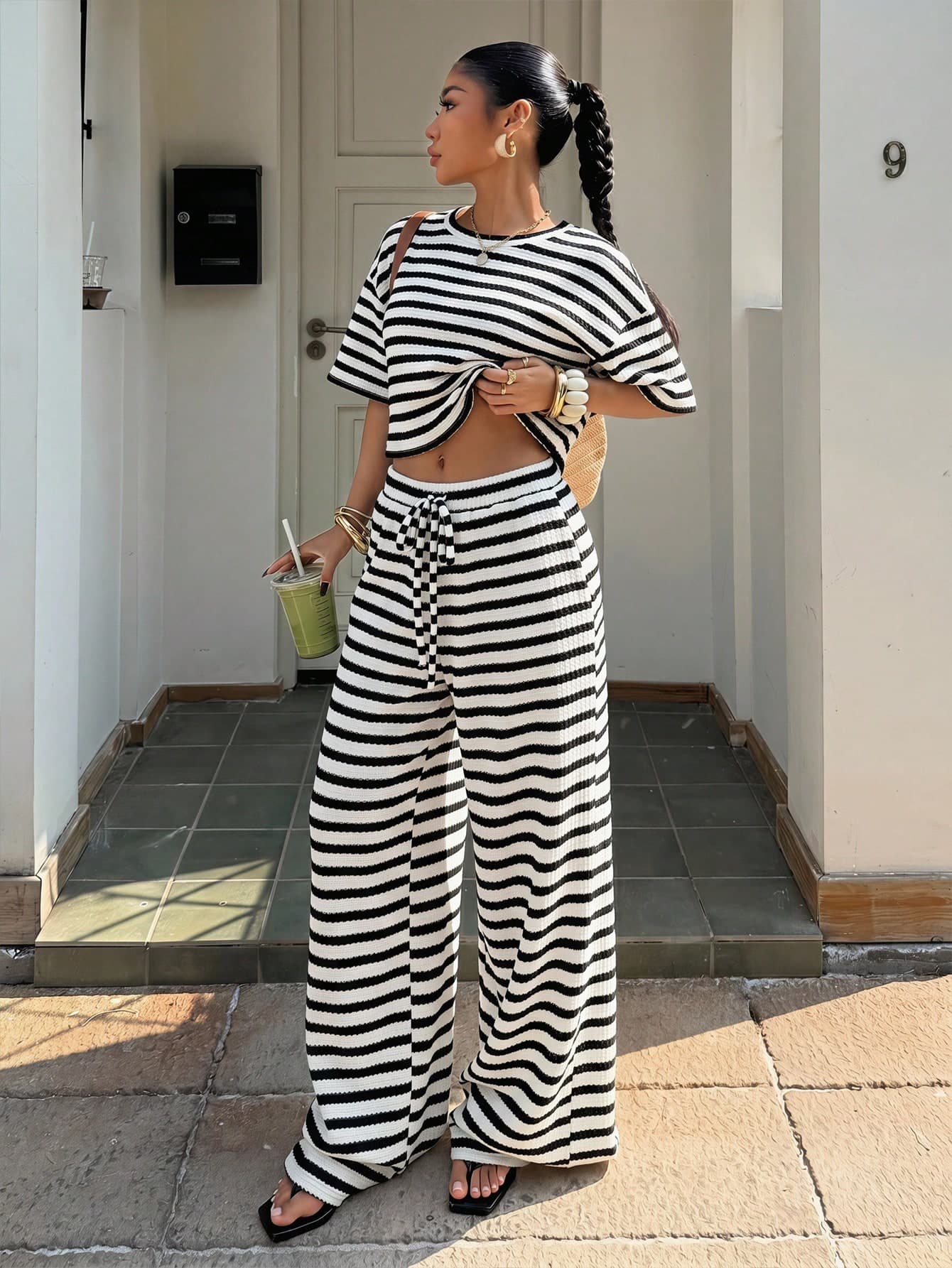 Muchica Women's Summer New Textured Striped Loose Short Sleeve T-Shirt And Pants Set, Summer Set, Suitable For Daily Commute, Dating, Gathering, Autumn/Winter/Summer, Christmas, New Year, Thanksgiving, Party, Wedding, Beach, Graduation Ceremony, Fashion, Elegant, Casual, Outing, Dating, Appointment, Commute, Shiny, Valentine's Day, Elegant, Vacation, Casual, Y2K, Outing, Graduation Ceremony And Other Occasions