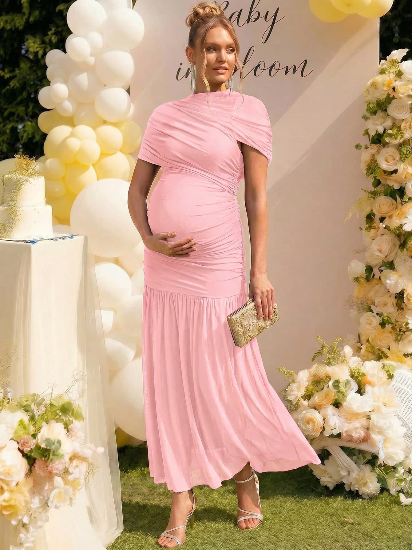 Loomaby Pregnant Women Round Neck Elegant High Waist Pleated Mermaid Long Dress