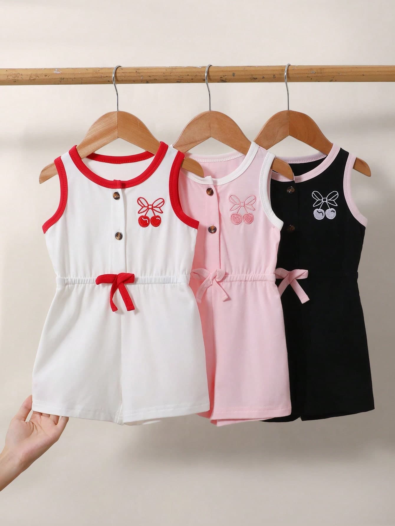 Playful Pals Baby Girl 3pcs Summer Casual Vacation Daily Commute Cherry Bow Embroidery Contrast Trim Drawstring Waist Sleeveless Romper