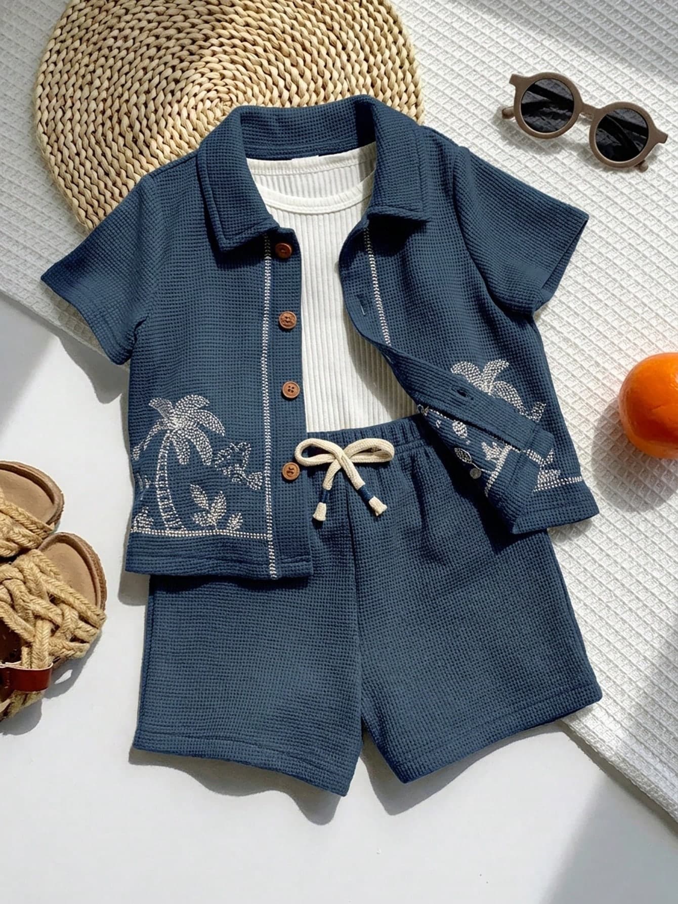 SHEIN Unisex Baby Boy/Girl 2pcs Spring/Summer Casual Vacation Style Cute Plant Embroidery Waffle Short Sleeve Shirt And Shorts Set, Baby Boy Outfit Sets, Baby Boy Summer Clothes, Hawaii Shirt