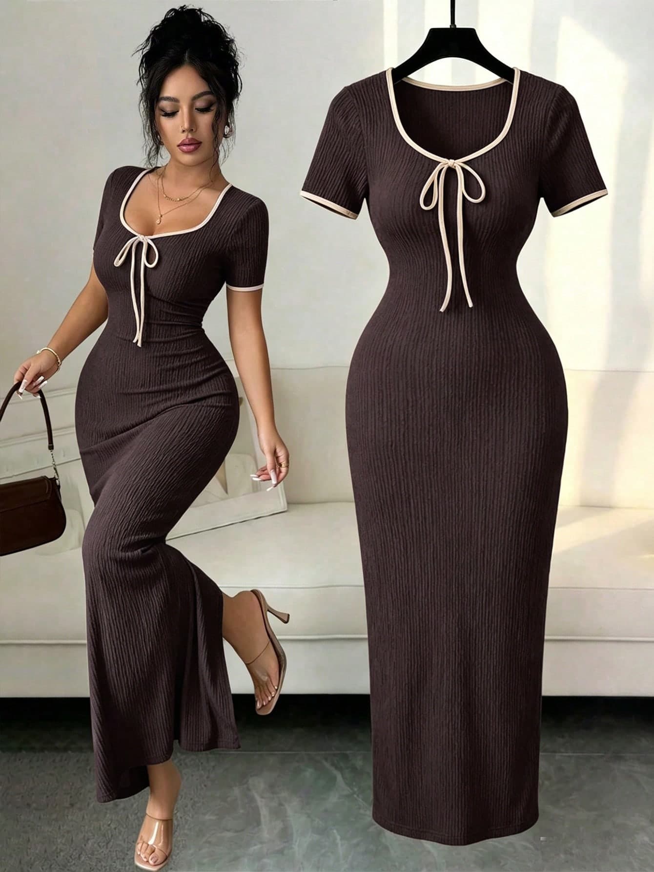 Elenzga Women's Spring/Summer Exquisite Elegant Romantic Apricot Sweetheart Collar Bow Tie Lace-Up Design Waist-Cinching Design Short Sleeve Fitted Slim Long Dress