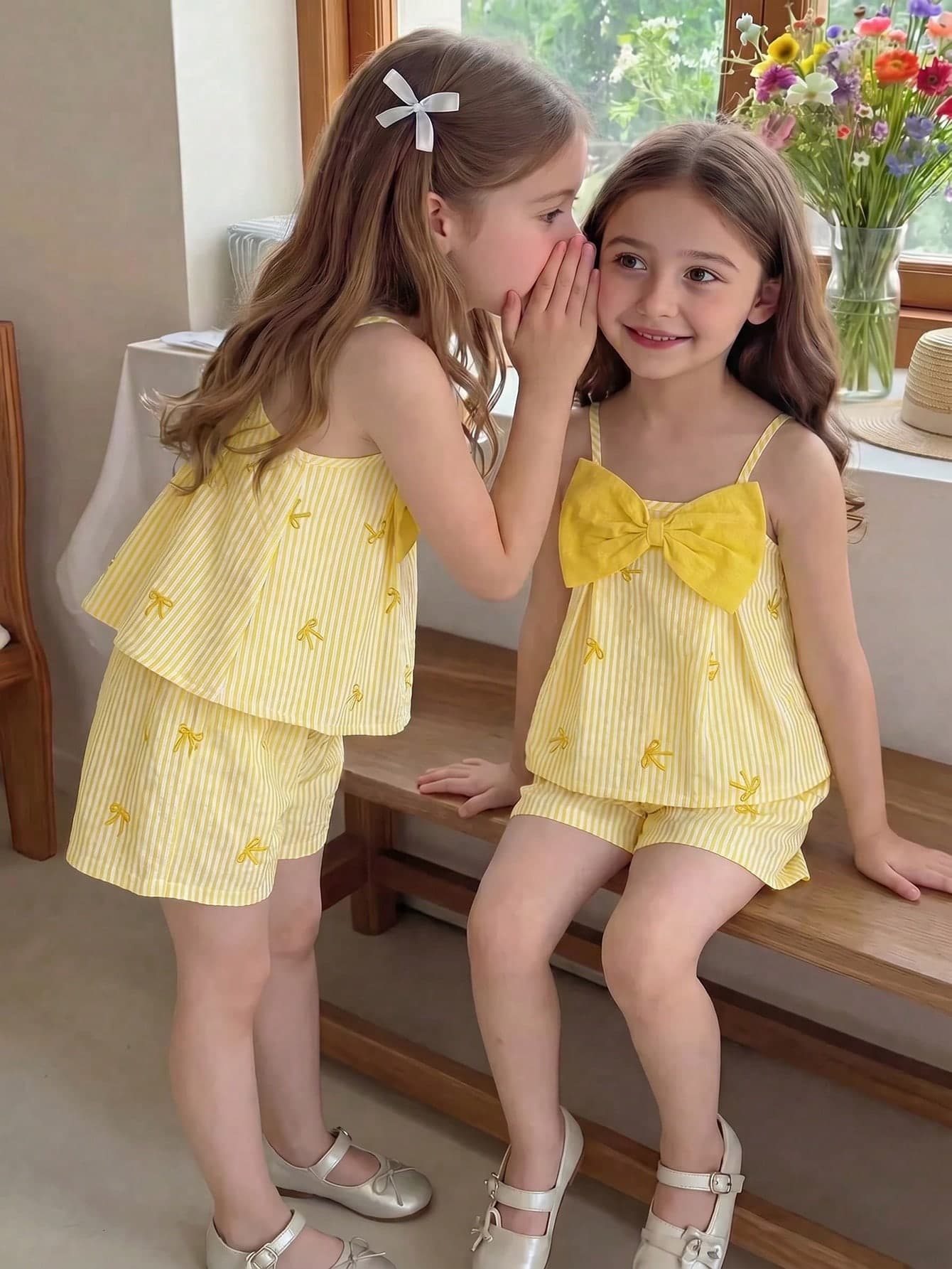 SHEIN Genkimix Kids Girls' Colorful Striped Camisole Top With Pleated Design And Large Bow Decor Shorts Set, Cute And Sweet, Suitable For Summer Daily Wear