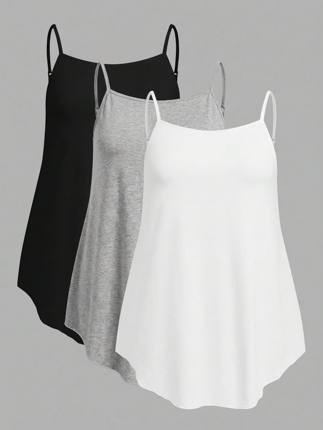 SHEIN EZwear 3pcs/Set Plus Size Solid Color Camisole Tops, Black + White + Light Grey, Suitable For Summer