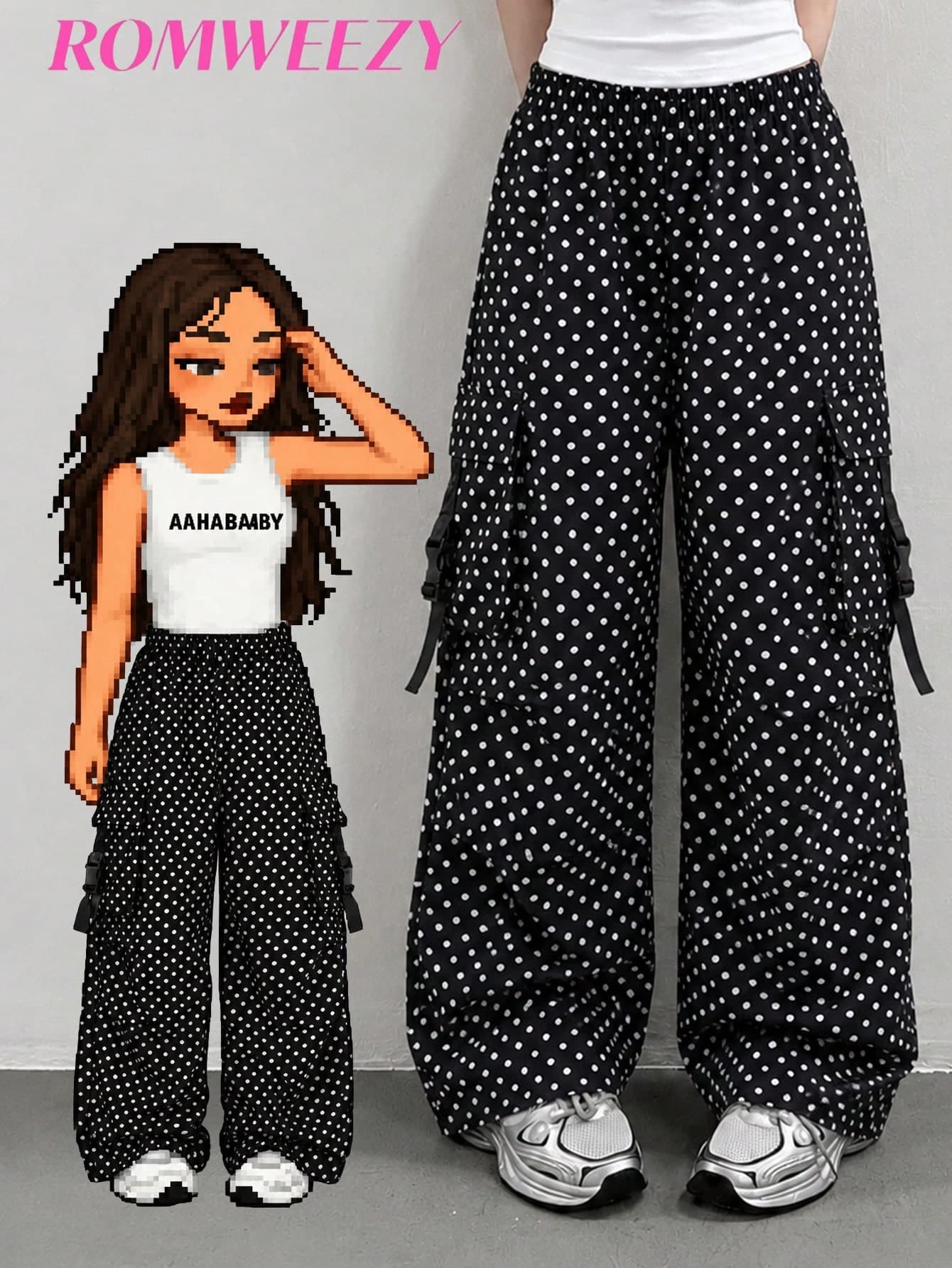 Teen Girl Casual Fashion Street Style Vacation Daily Commute Polka Dot Print Flap Pocket Loose Wide Leg Cargo Pants