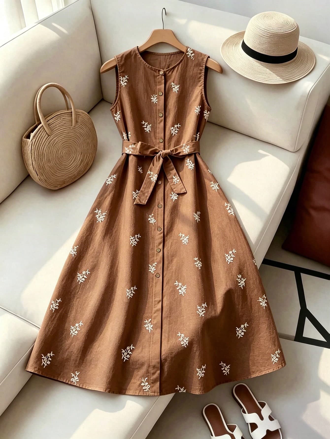 SHEIN Franclia Women's Vacation Casual Plant Print Front Button Sleeveless Dress