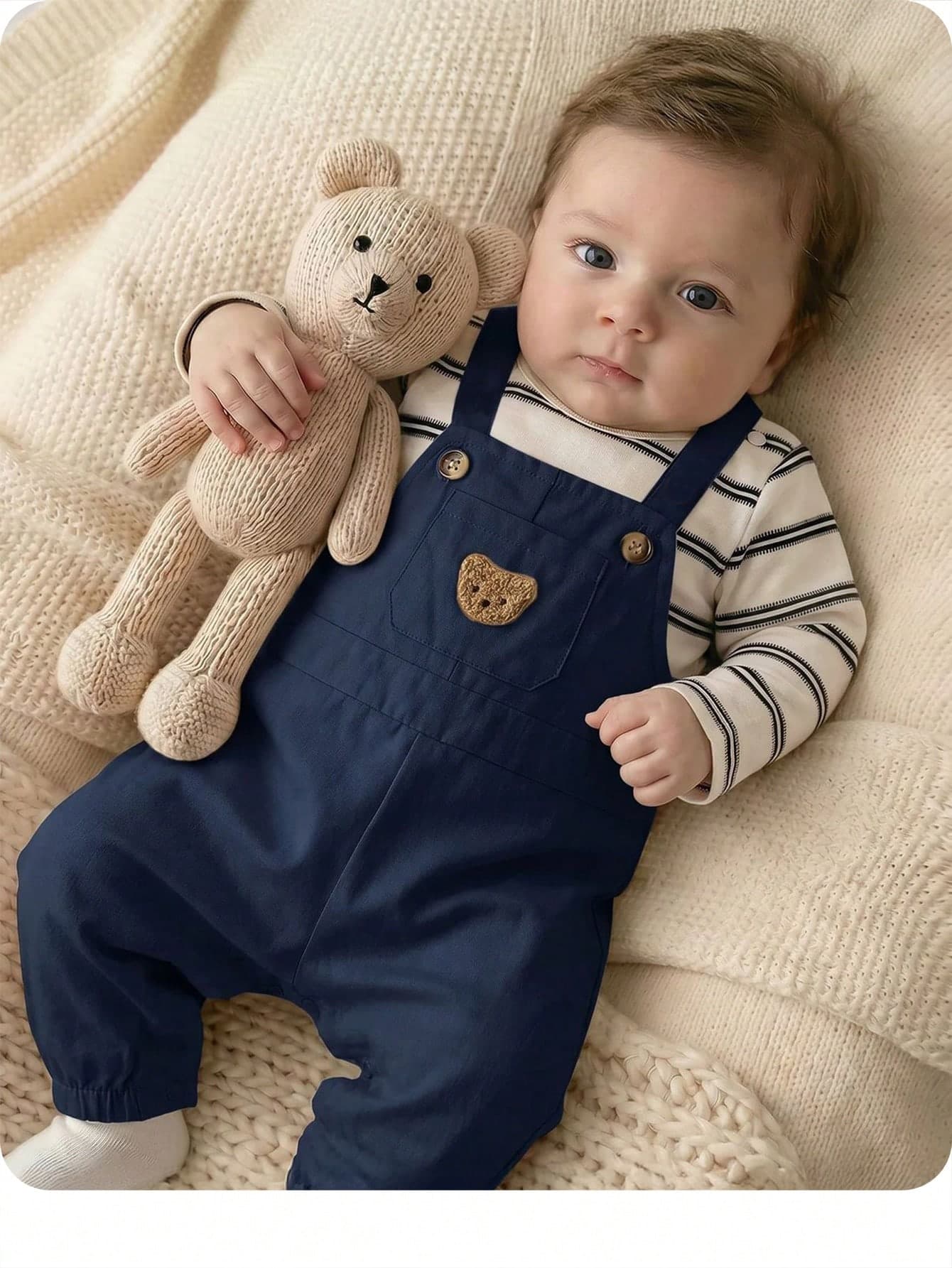 SHEIN Newborn Baby Boy Cute Casual Cartoon Pattern Overalls Knit Striped Long Sleeve Set
