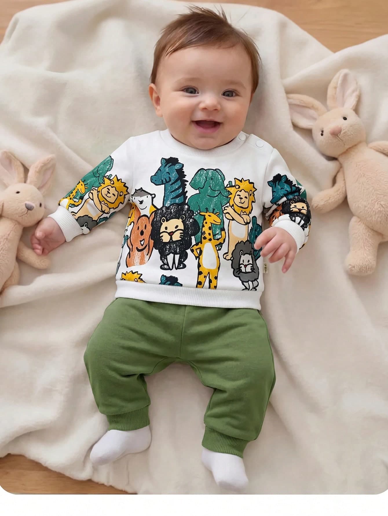 SHEIN Newborn Baby Girl Cute Cartoon Animal Print Long Sleeve Sweatshirt And Pants Set