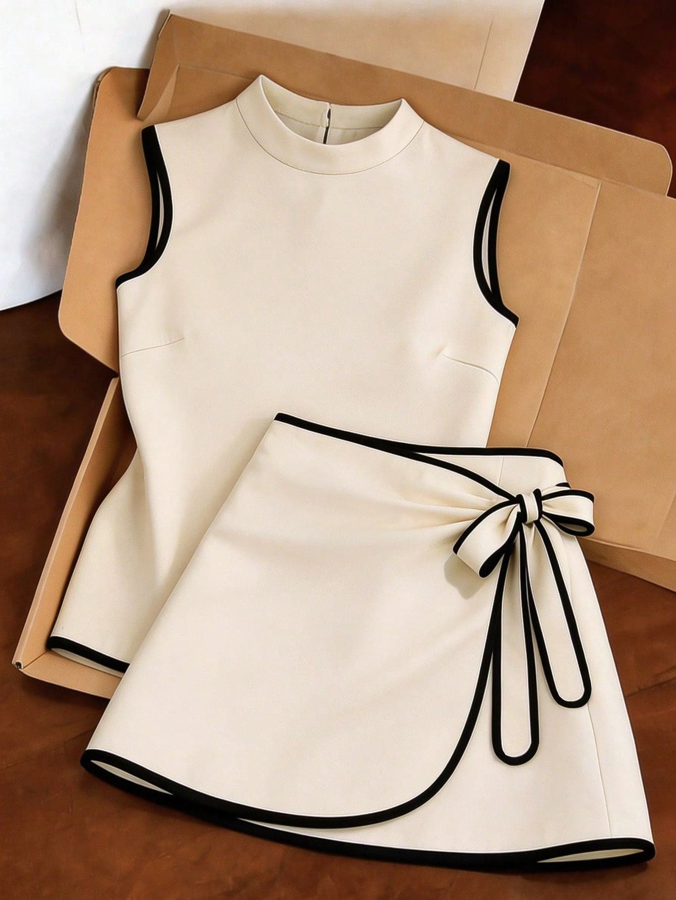 SHEIN Franclia Asian New Chinese Style Minimalist Small Stand Collar Sleeveless Top & Contrast Color Skirt 2 Pieces Set In Apricot
