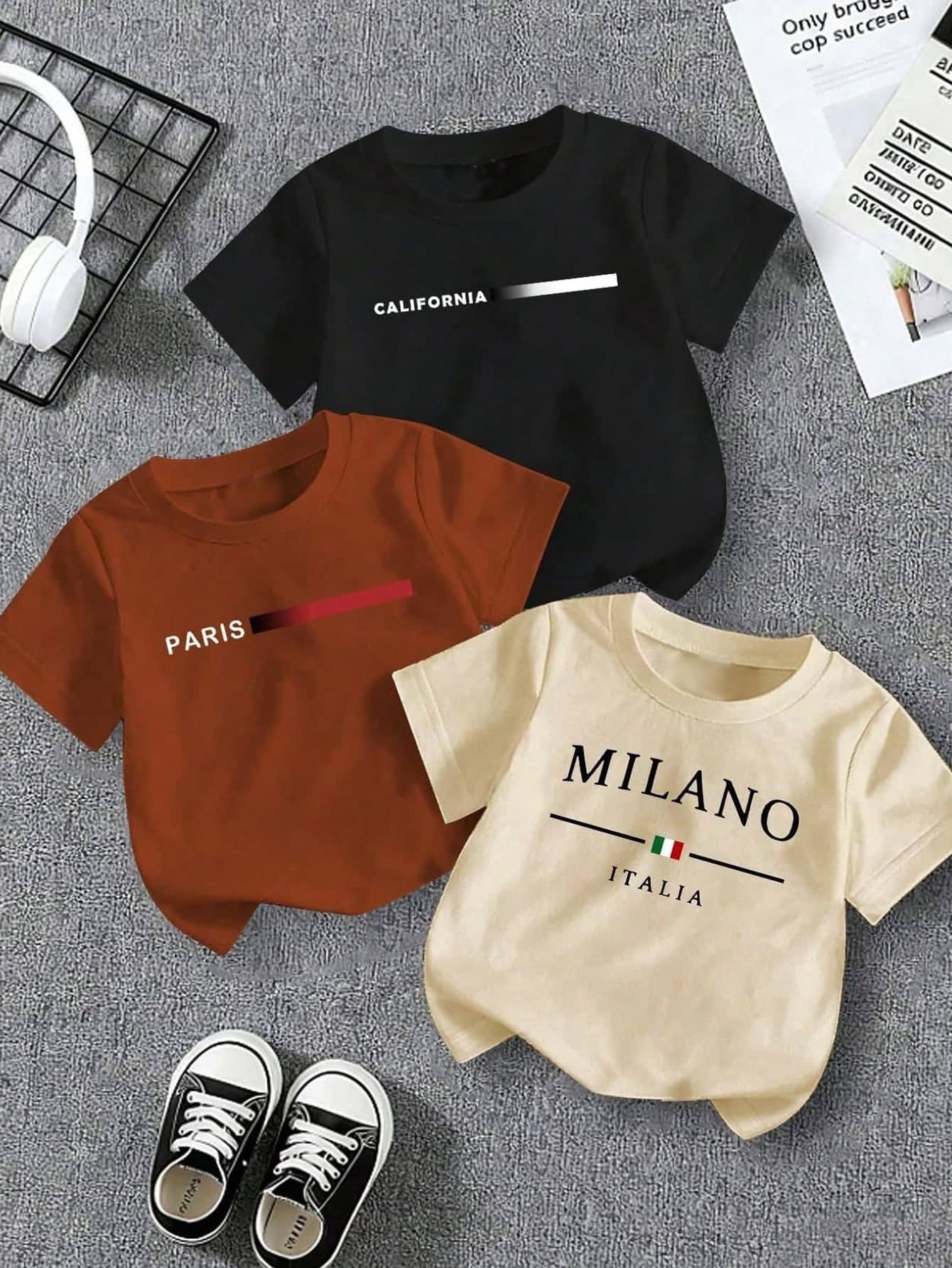 3/Pcs Newborn Baby Clothing, Suitable For 6 Months To 3 Years Old Children, Daily Casual Use, Round Neck Short Sleeve T-Shirt, Available In Beige, Black And Brown, Suitable For Spring, Autumn And Winter Wear, Sports Style, Simple And Fashionable, All-Match Versatile