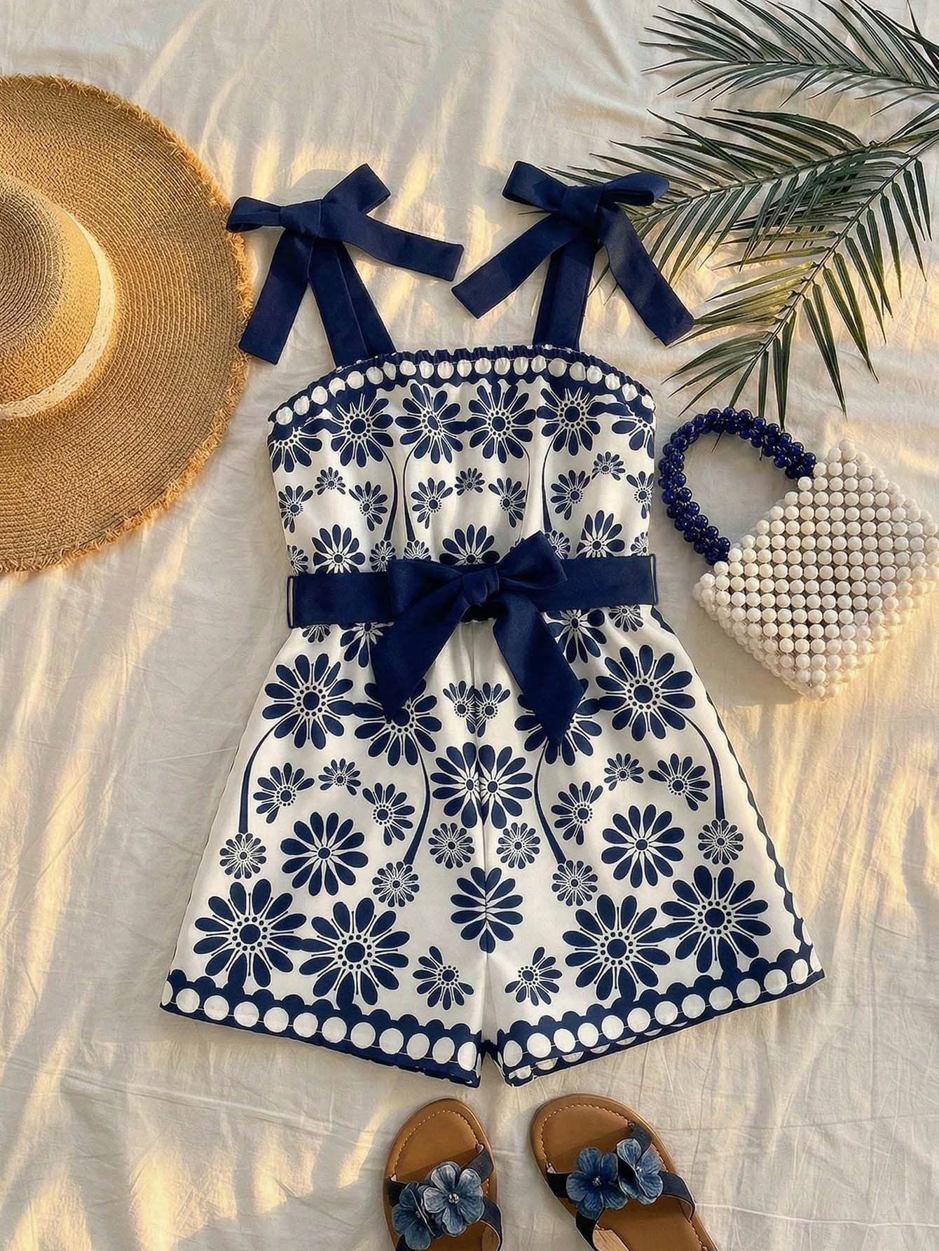 Emery Rose Kids Emery Rose Kids Young Girl Woven Contrast Ditsy Floral Camisole Romper,Kids Summer Romper Romper For Girls Bow Strap Romper Floral Romper Girls Playsuit
