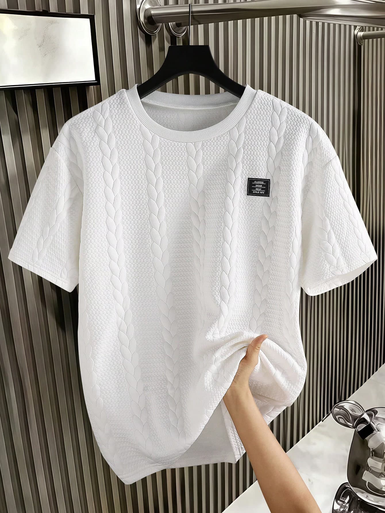 Teen Boys Summer Geometric Textured Fabric Sports Street Casual Minimalist Fashion Loose Small Logo Embroidered Crew Neck Loose Short Sleeve T-Shirt