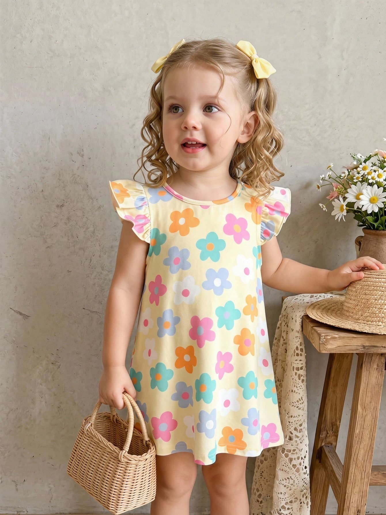 Cozy Pixies Baby Girls Pale Yellow Floral Print Knit Dress,Cute Summer Vacation Holiday Cap Sleeve Casual Elastic Dress,Bohemian Party Style,Spring Trip Outfit
