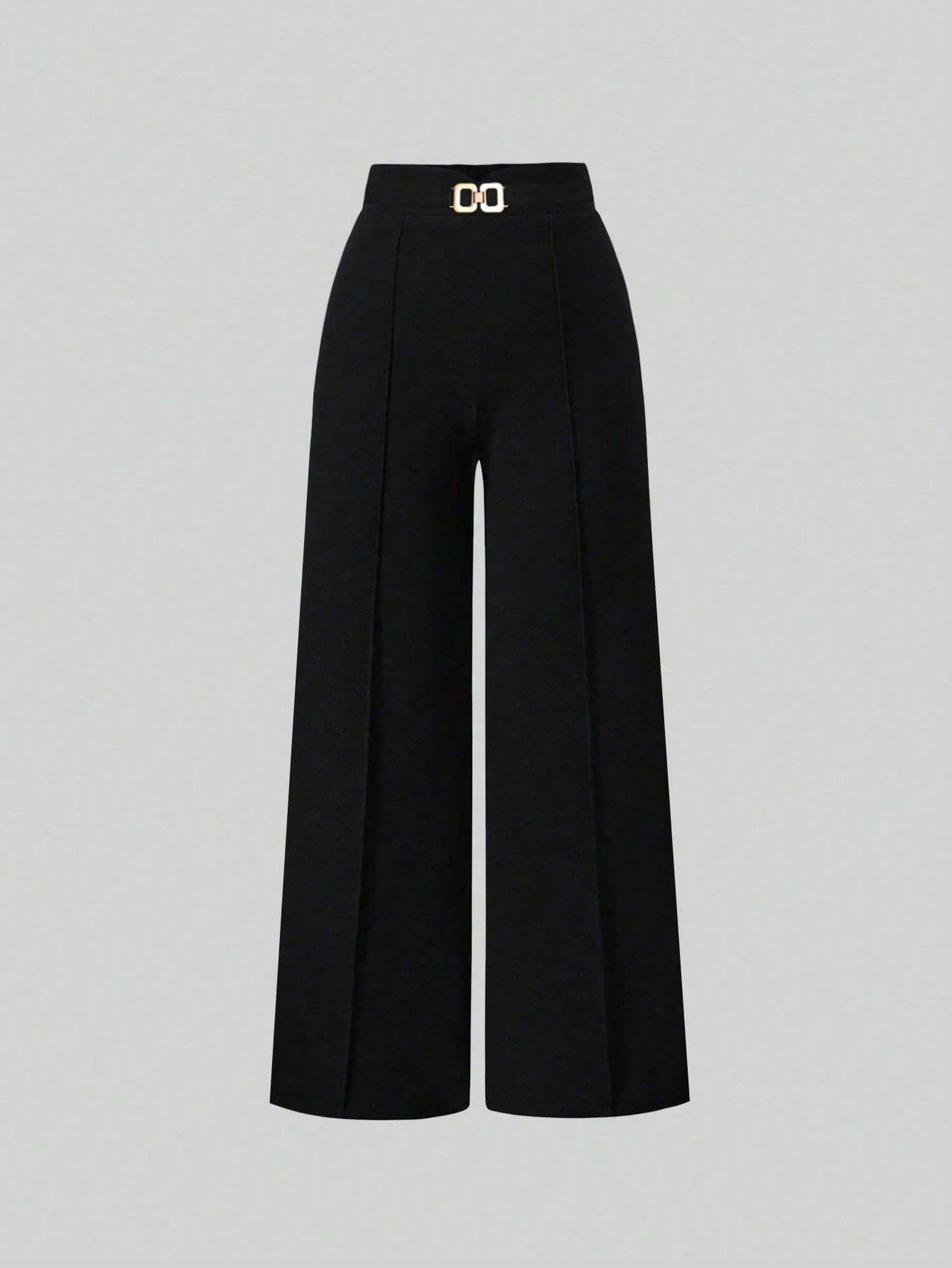 SHEIN Clasi Women's Trousers, Summer Office Wear, Decorative Metal Buckle, Casual Style, Straight Leg, Elegant & Minimalist