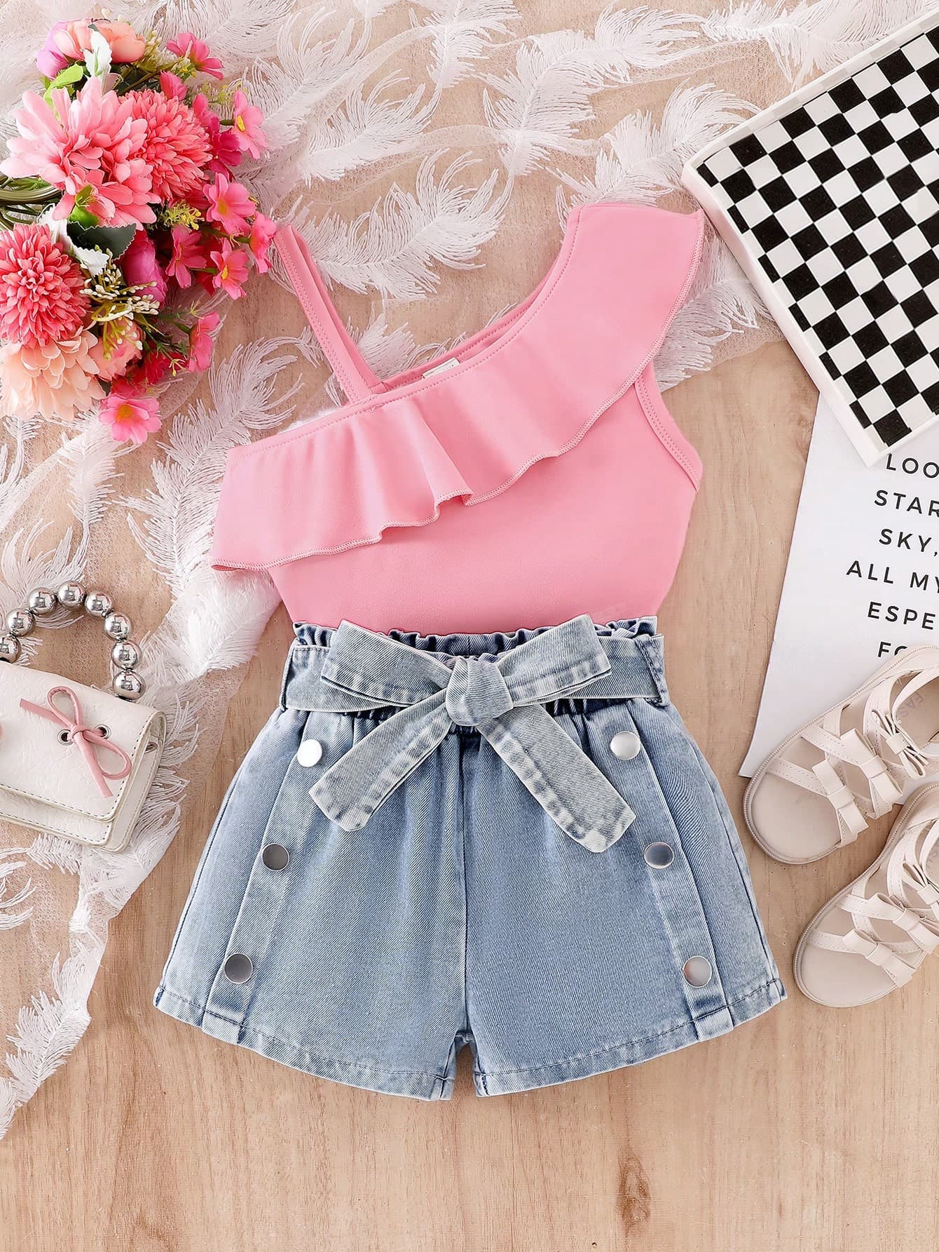 SHEIN Elladie kids Cute Girls Light Pink Knitted Ruffle Asymmetrical Neck Tank Top And Light Blue Denim Shorts Co-Ord Set With Bow Belt,Summer Squishy Outfits,2pcs