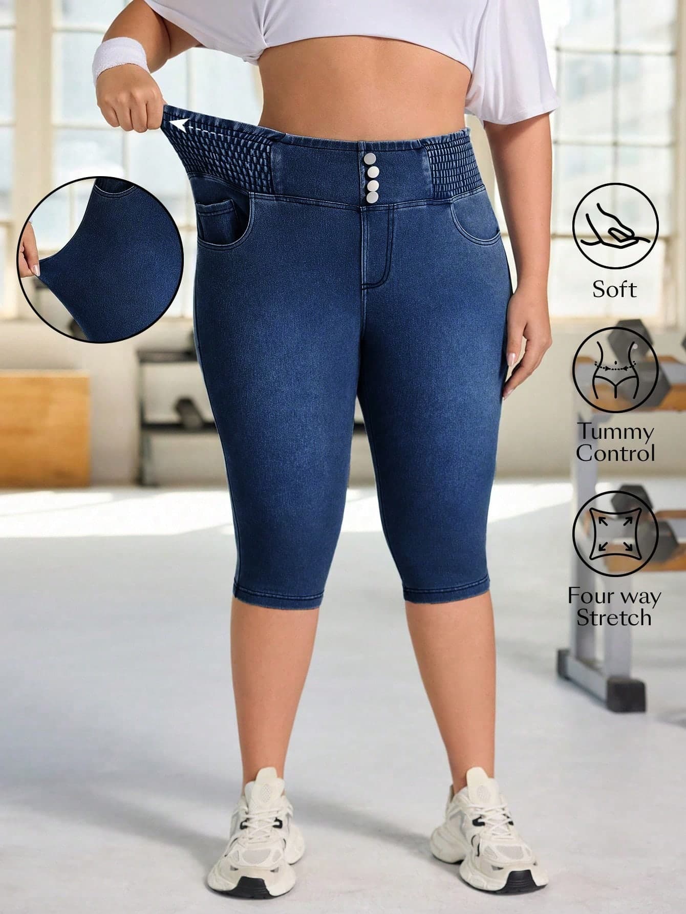 Flexra Women's Plus Size Street Casual Light Sporty Denim Ruched High Stretch Capri Skinny Pants Formal Vacation Dusty Blue Summer