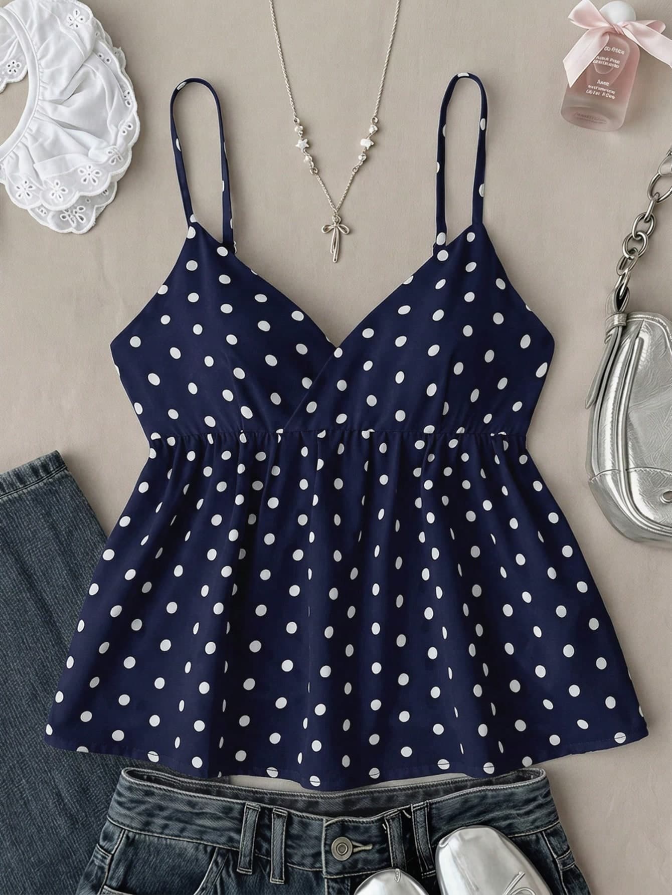 SHEIN Teen Girls T-Shirts Camisole Tank Top Spring Summer New Casual Vacation Polka Dot V-Neck Camisole Tank Top