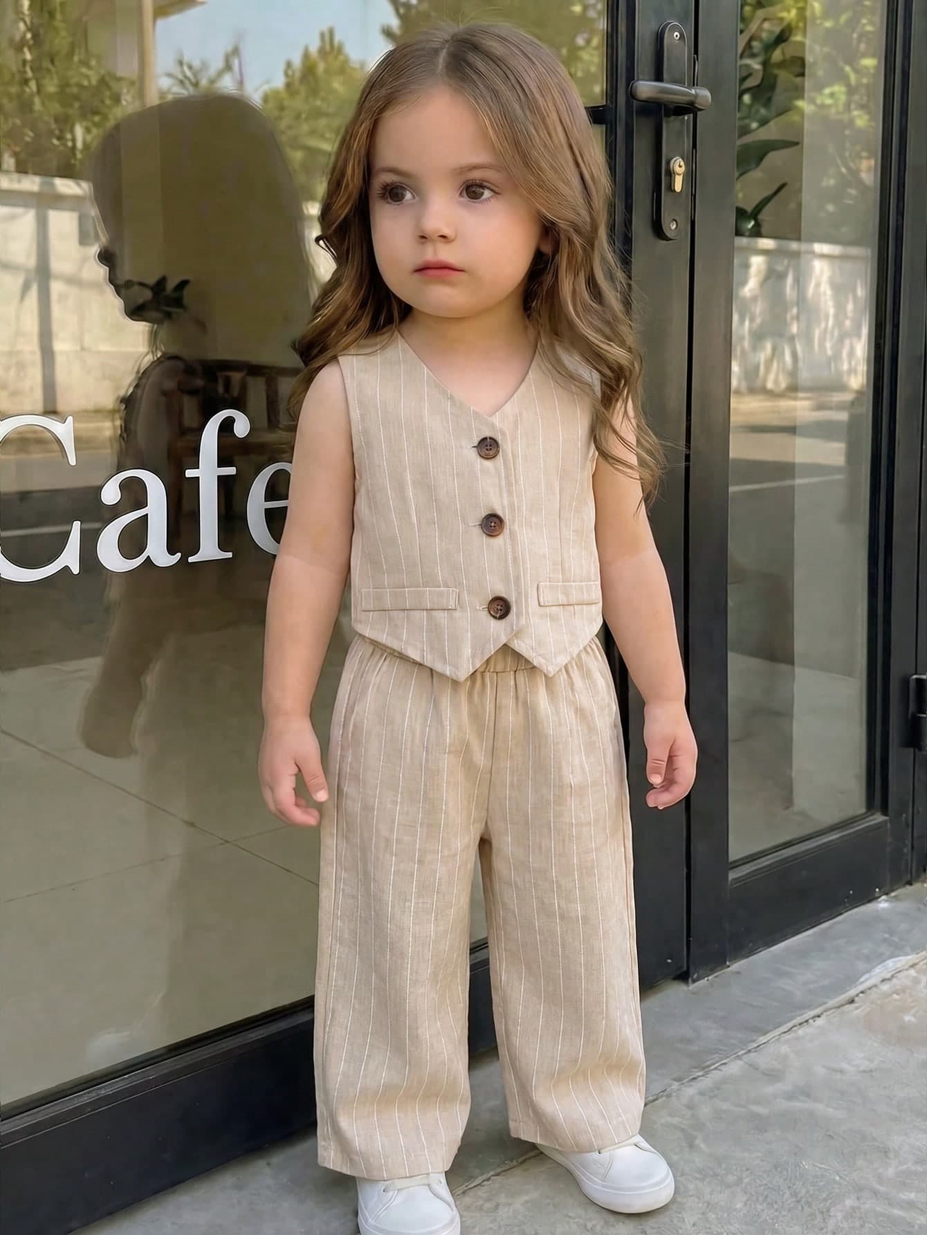 SHEIN 2pcs Baby Girl Woven Solid Color Casual Vest And Pants Set