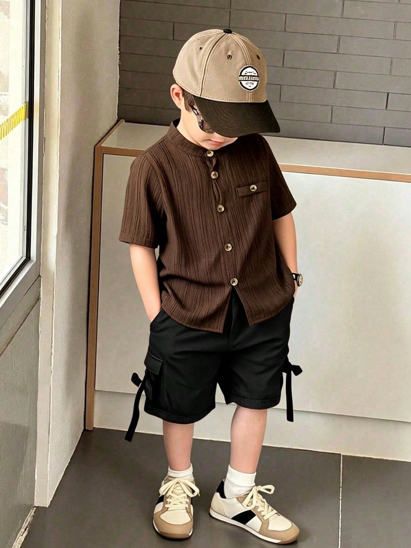 SHEIN Genkimix Kids Young Boy Single-Breasted Short Sleeve Casual Shirt
