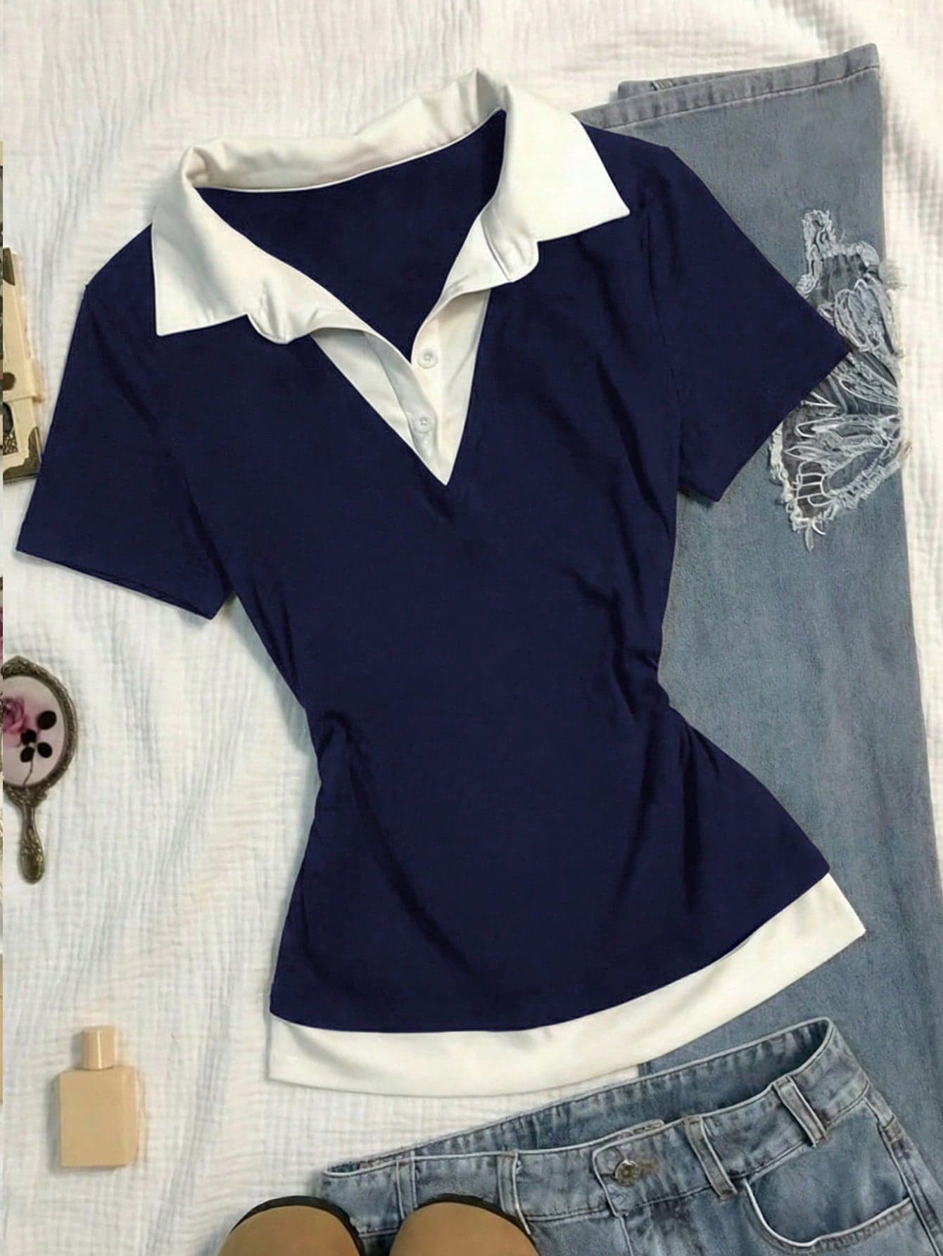 Teen Girls Navy Blue And White Polo Collar Short Sleeve Casual T-Shirt