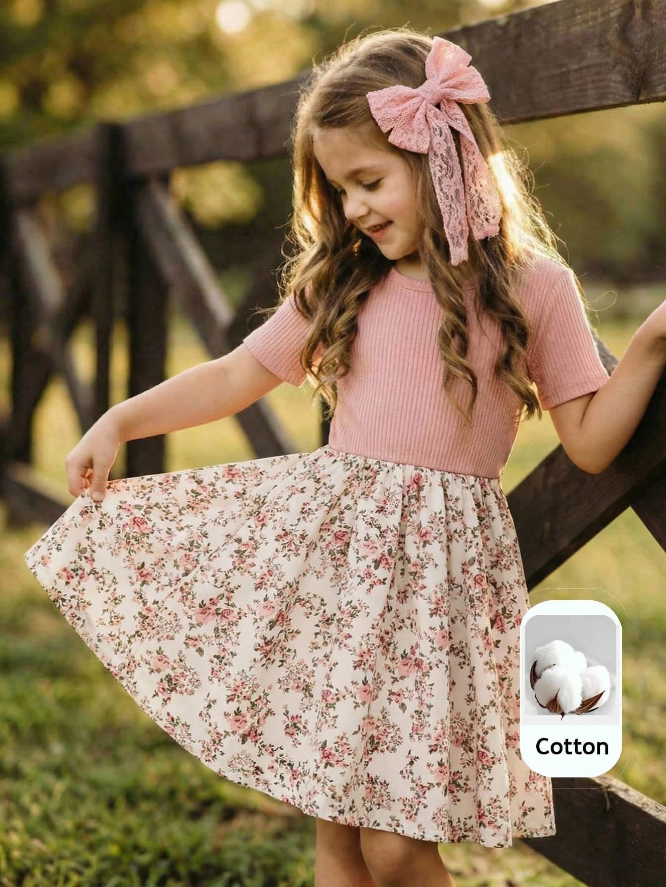 Emery Rose Kids Emery Rose Kids Young Girl Solid Color Knit Round Neck Spliced Woven Floral Hem Casual Dress