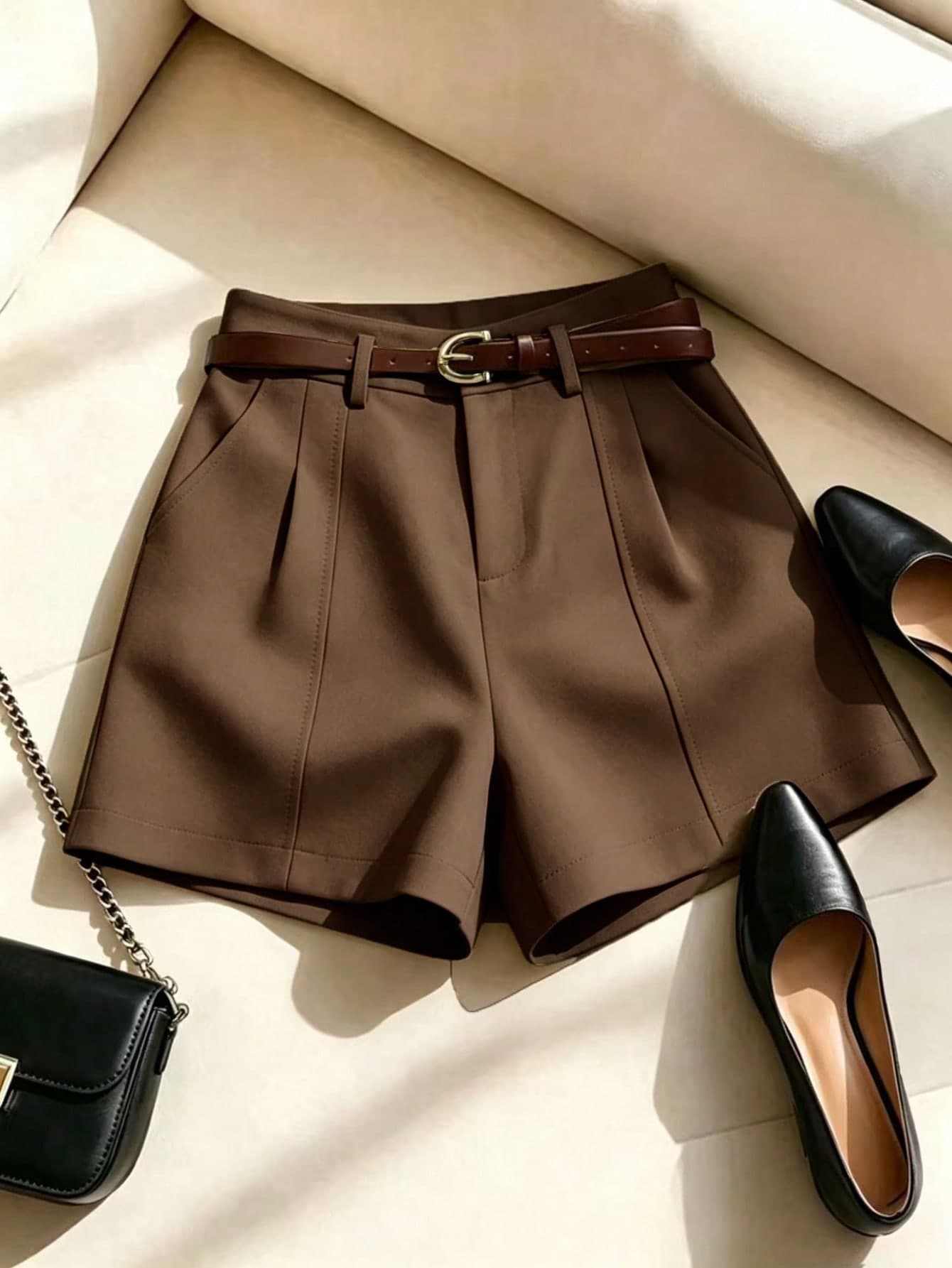 Franclia French Minimalist Fashion Woven Solid Color Commuter Casual, Retro, High Waist A-Line Wide Leg New Women Shorts