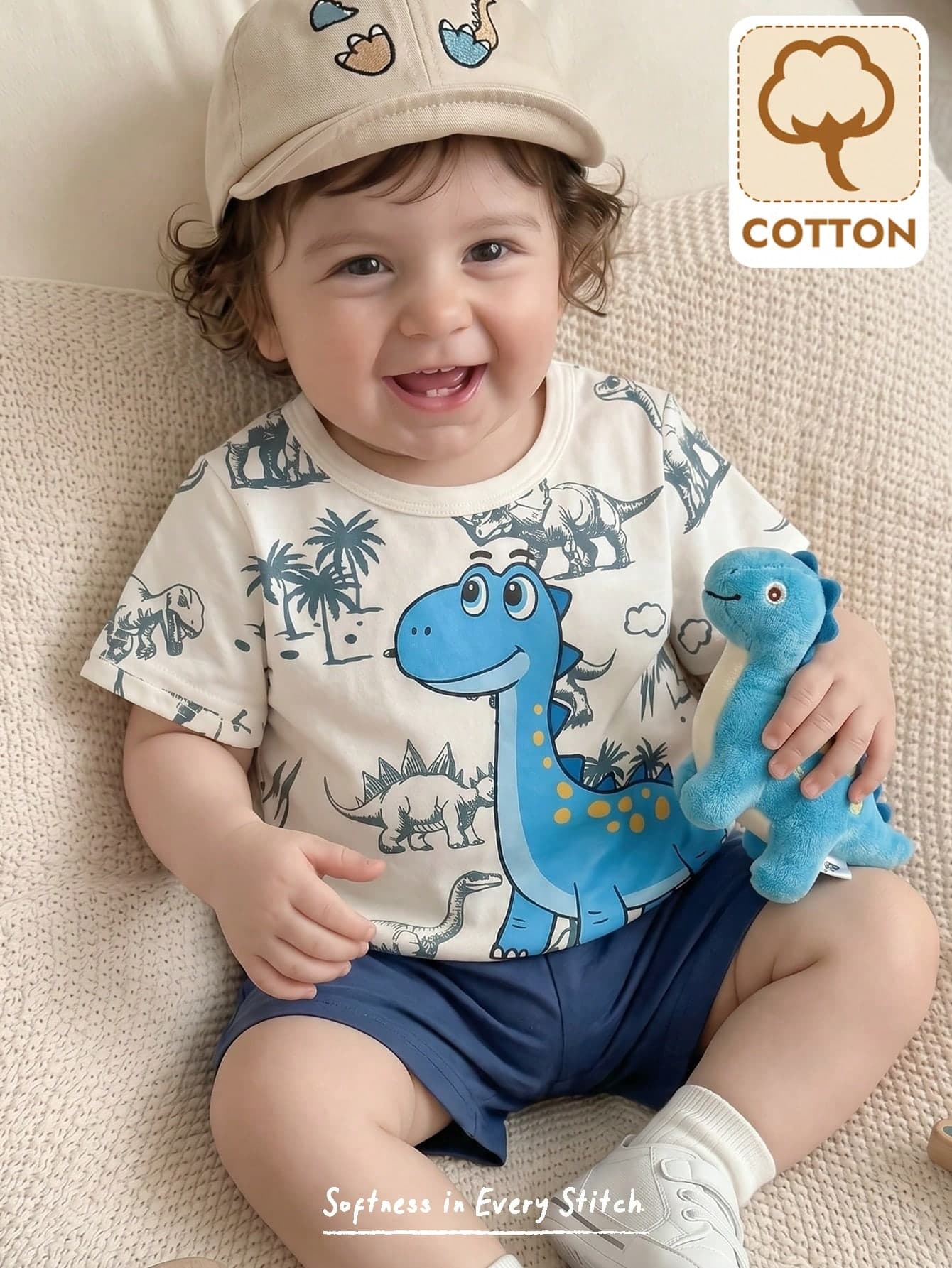 Cozy Pixies 2pcs/Set Baby Boy Blue And White Striped Summer Casual Cute Beach Cartoon Dinosaur Print Short Sleeve T-Shirt And Shorts Set,Daily Wear Outfit