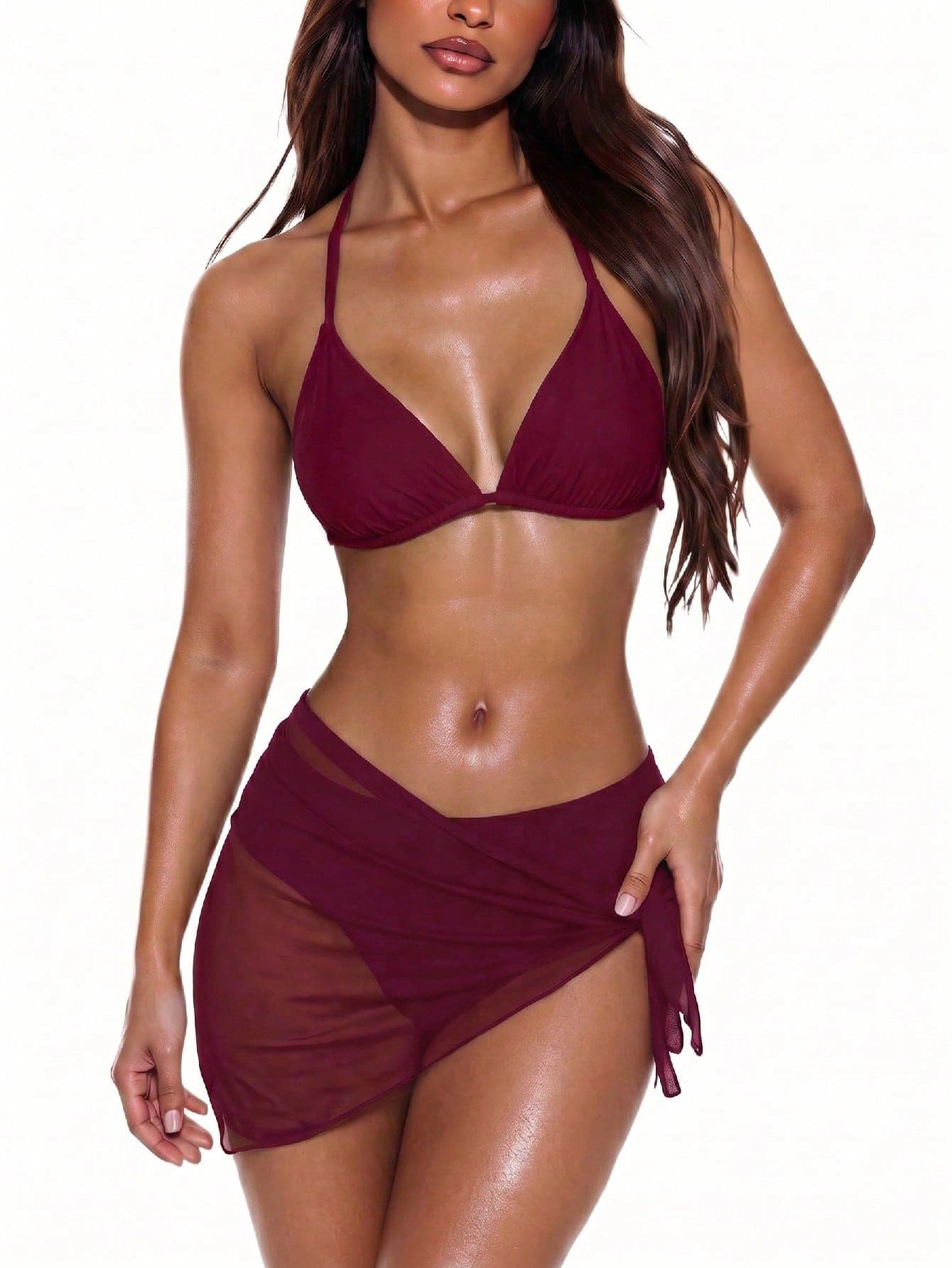 Swim Vcay 3-Piece Women Set: Solid Color Halter Tie Back Crop Top, Triangle Bikini Bottom, And Sheer Wrap Skirt For Summer Beach Vacation