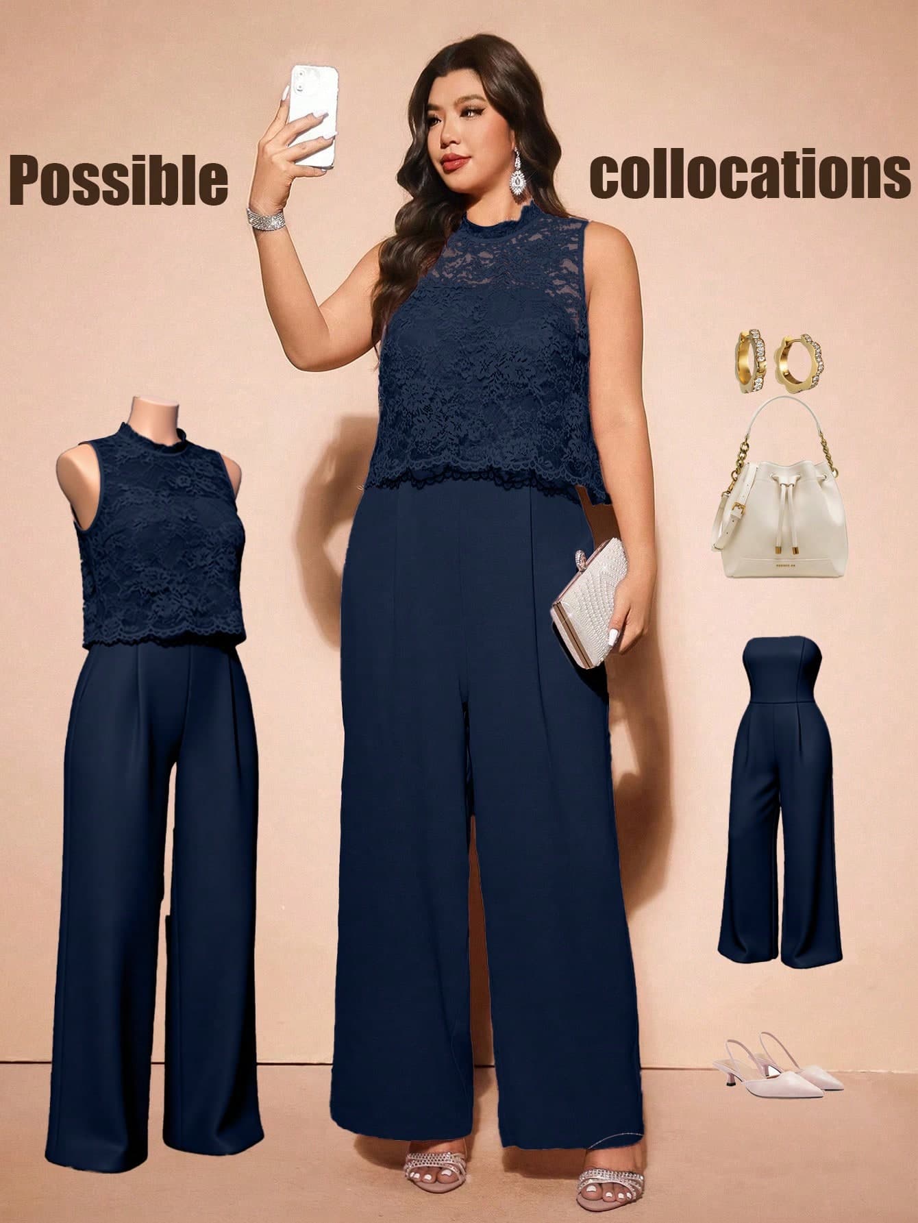 Cravure Elegant Formal Lace Faux Leather Jumpsuit With Invisible Shoulder Straps, Floral Trim, Plus Size 2 Pieces Set Evening Wedding Guest Navy Blue Summer