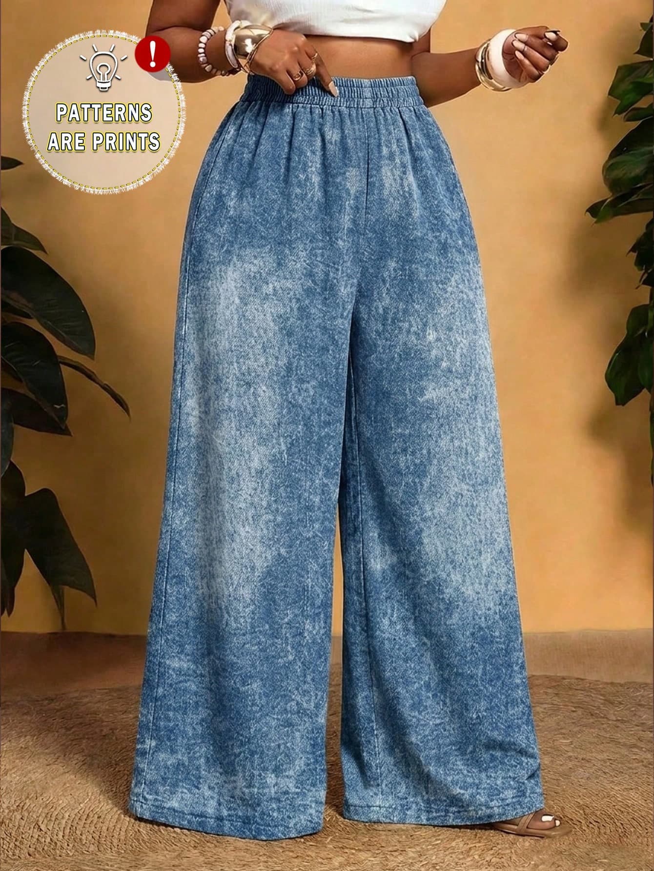 Veslaya 2026 Spring/Summer New Vacation Casual & Daily Street & Beach & Sand & Vacation & Vacation & Bonfire Night, Textured Retro Pattern Print Loose Extra Long Women's Plus Size Pants