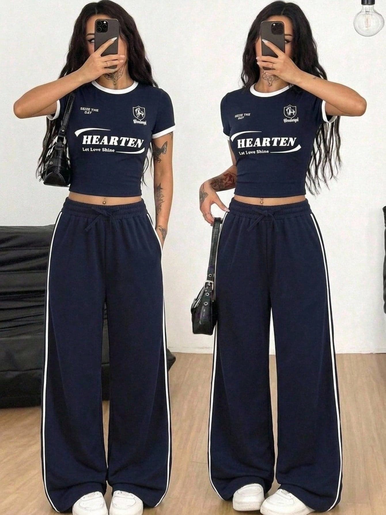 SHEIN Teen Girls Spring/Summer New Fashion Casual Minimalist White Printed T-Shirt And Black & White Floral Striped Knit Pants 2-Piece Set, Versatile For Home, Outings, School, Vacation, KIDS