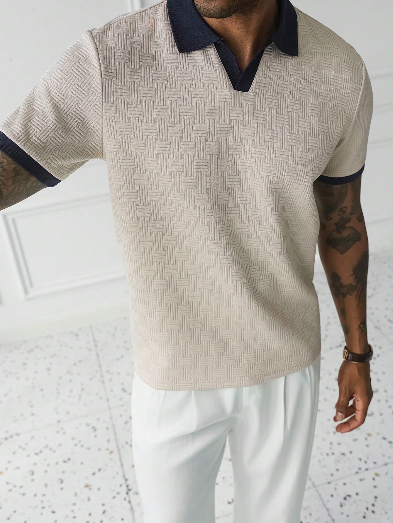 HUEFORM Men's Old Money Casual Patchwork Short Sleeve Regular Fit Polo Shirt, Suitable For Daily Wear,Suitable As A Father's Day Gift For My Husband.
