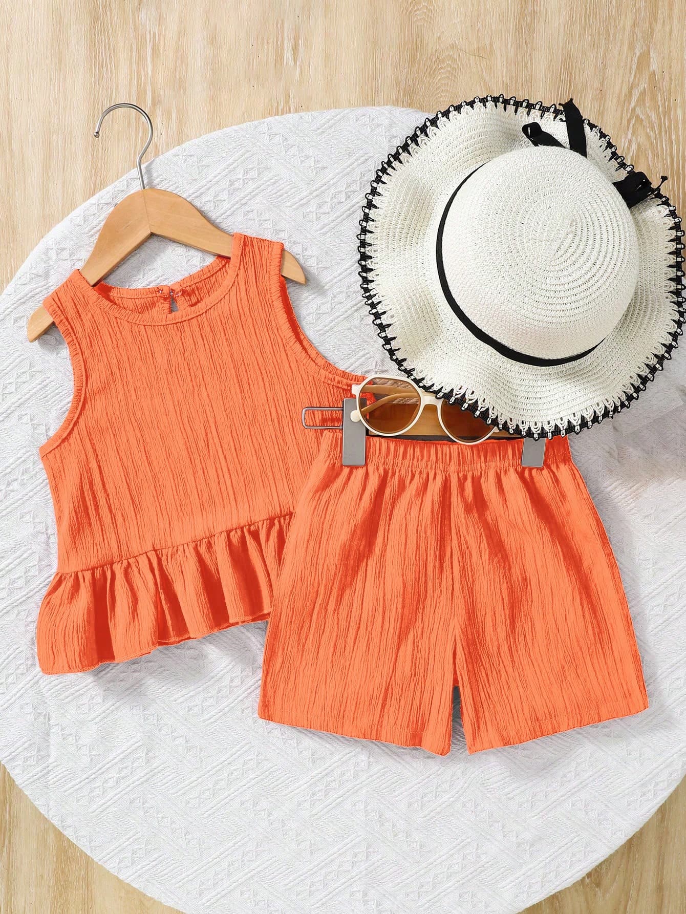 Genkimix Kids Young Girl Woven Solid Color Round Neck Sleeveless Tank Top And Woven Solid Color Loose Shorts 2pcs Set