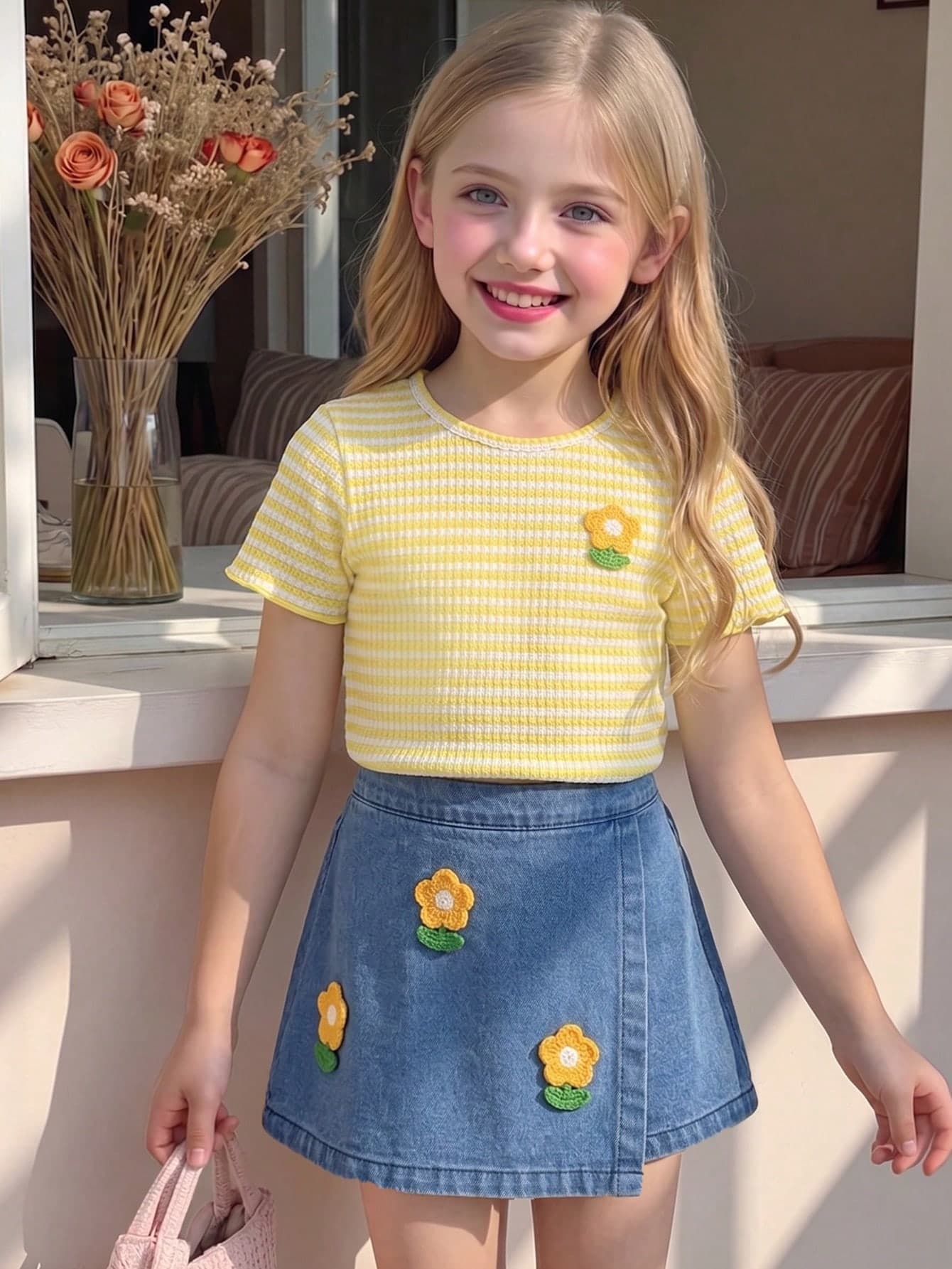 SHEIN Elladie kids Young Girl Round Neck Short Sleeve Striped Fresh Style Knit Top And Denim Skirt 2pcs Set