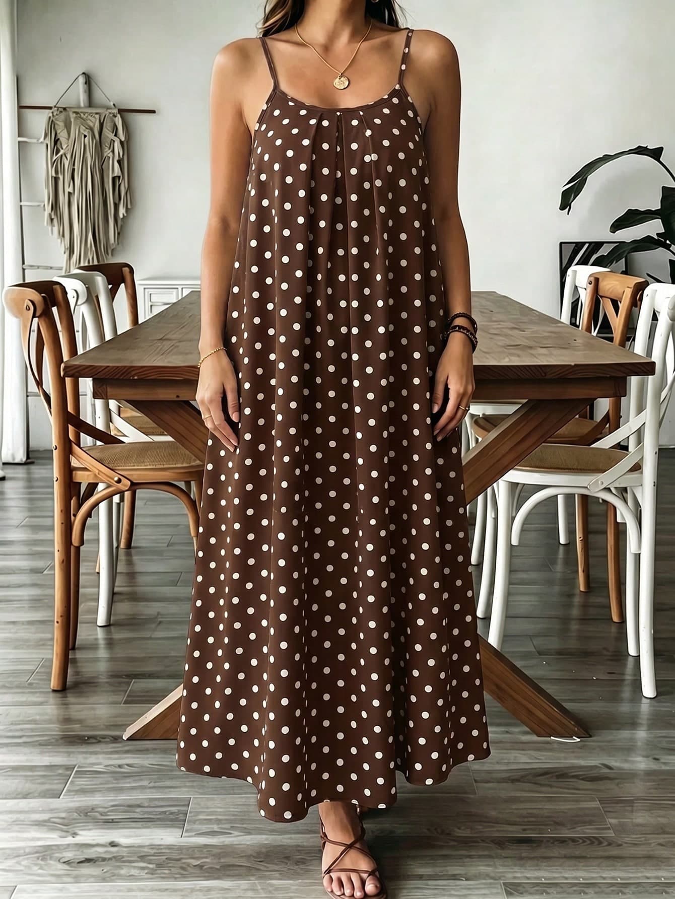 EMERY ROSE Plus Size Black And White Polka Dot Print Spaghetti Strap Backless Vacation Style Loose Comfortable Dress, Beach Dress, Slip Dress, Bohemian Style Vacation Outfit