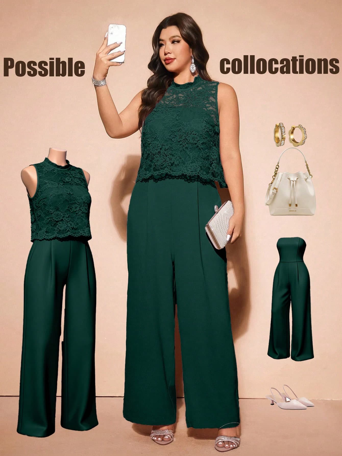 Cravure Elegant Lace Faux Leather Jumpsuit With Invisible Shoulder Straps, Plus Size 2 Pieces Set