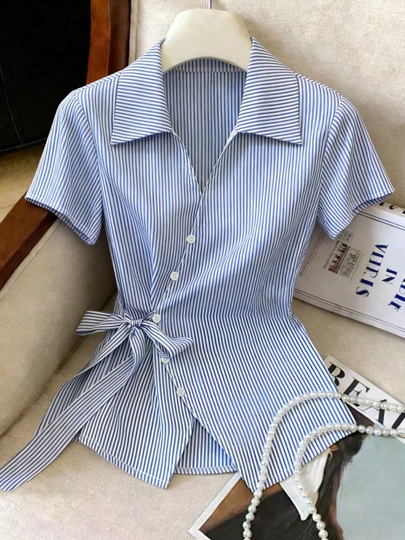 Franclia Elegant Blue And White Stripe Women Shirt,Summer Asymmetrical Tie-Waist Turndown Collar Blouse,Business Professional Work Tops For Brunch,Stylish