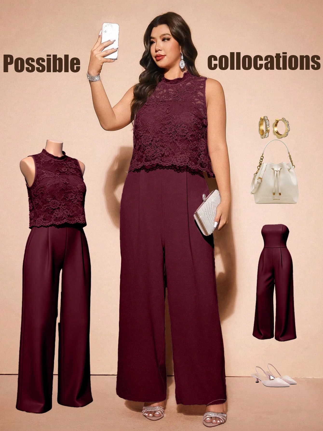 Cravure Elegant Lace Faux Leather Jumpsuit With Invisible Shoulder Straps, Floral Trim, Plus Size 2 Pieces Set Formal Wedding Burgundy Summer