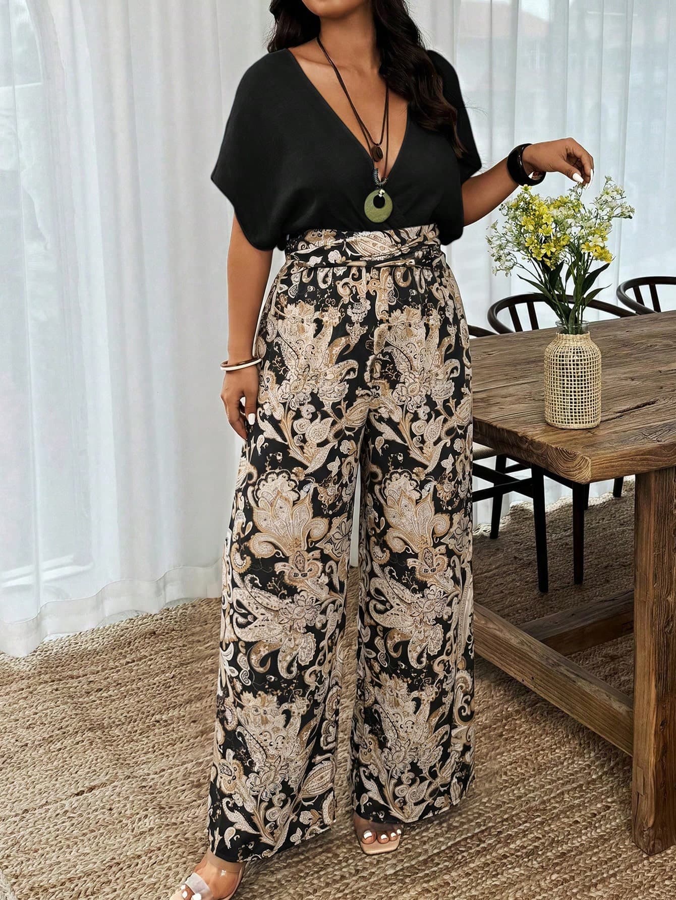 Weeklong Plus Size Women's Deep V-Neck Colorblock Casual Daily Wear Jumpsuit Wide Leg Pants