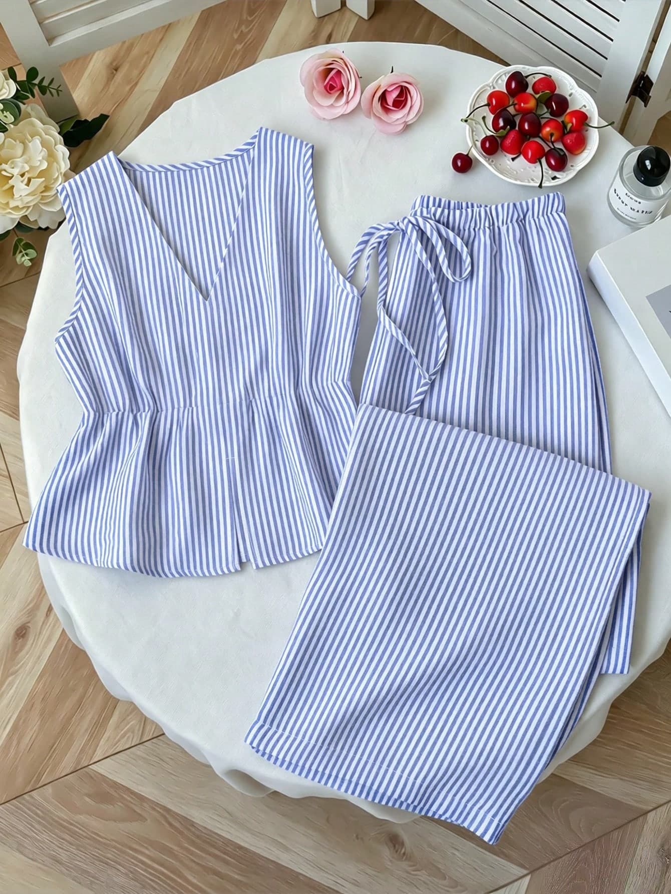Franclia Women's Blue And White Stripe V-Neck Top And Long Pants Casual Daily 2 Pieces Set Vacation Summer