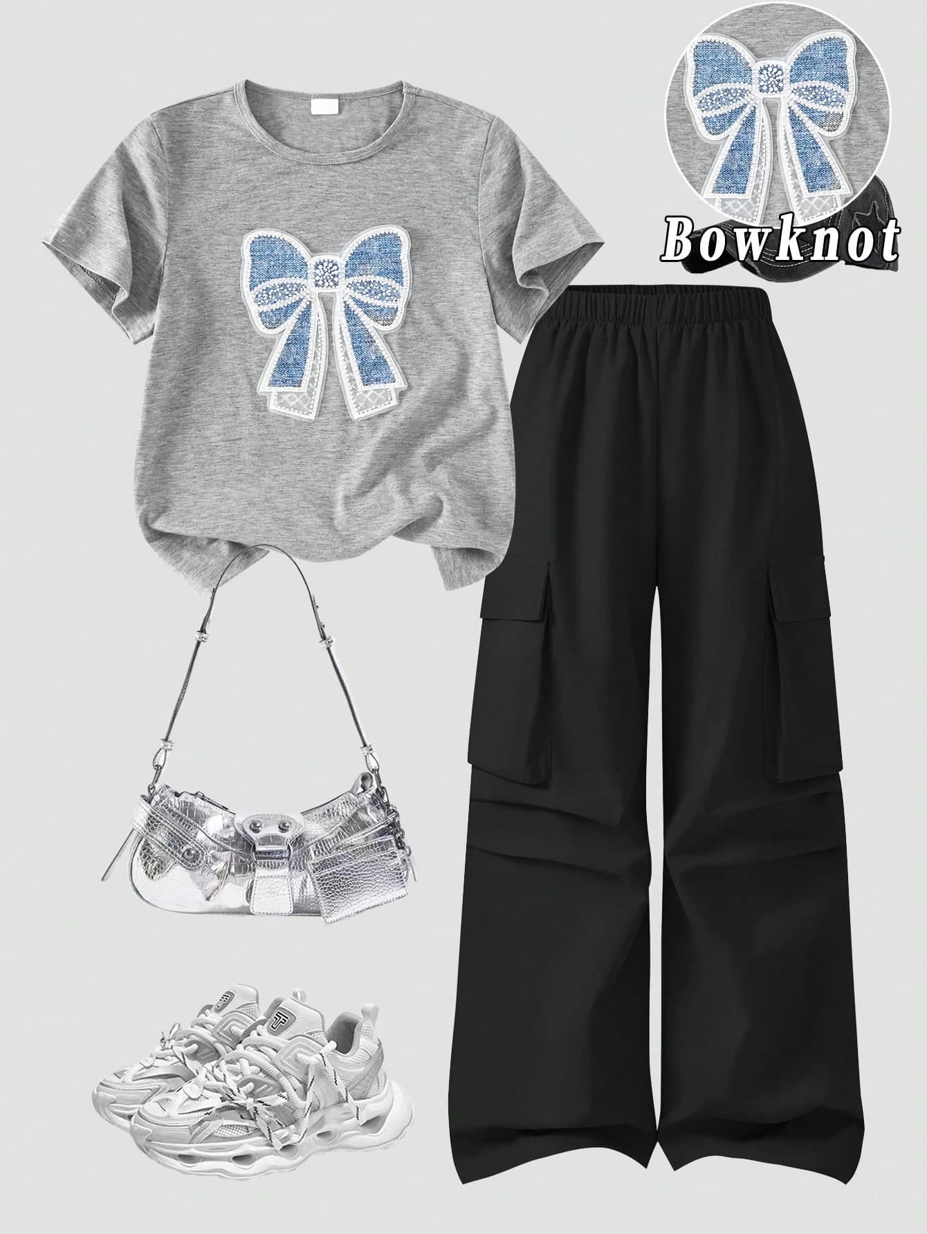 SHEIN Tween Girls Summer Casual T-Shirt Set, Bow Embroidery Pattern Round Neck Short Sleeve T-Shirt And Cargo Long Pants 2-Piece Set, Suitable For Spring/Summer Cool Fashion Outfit