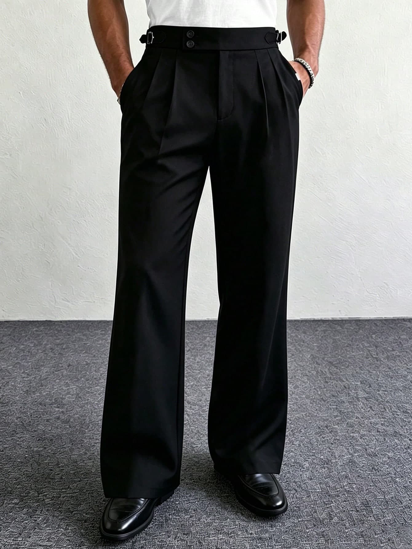 Manfinity Homme Men's Fashion Black Bell-Bottoms Casual Pants,Adjustable Waistband Design,Suitable For Daily Travel,Gifts For Husbands And Boyfriends