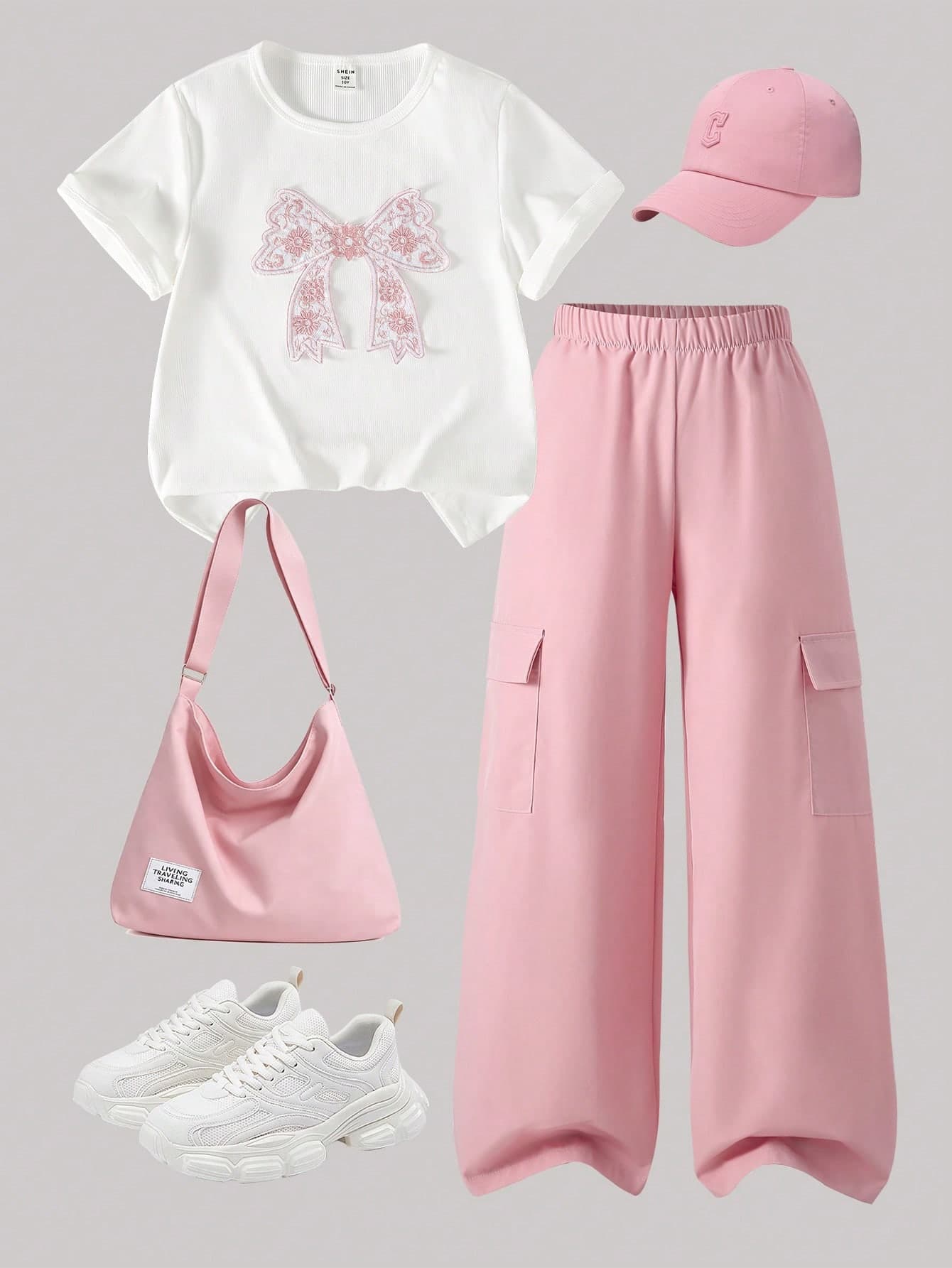 SHEIN Tween Girls' Summer Casual T-Shirt Set, Bow Embroidery Pattern Round Neck Short Sleeve T-Shirt And Cargo Long Pants 2pcs Set, Suitable For Spring/Summer Cool Fashion Outfit