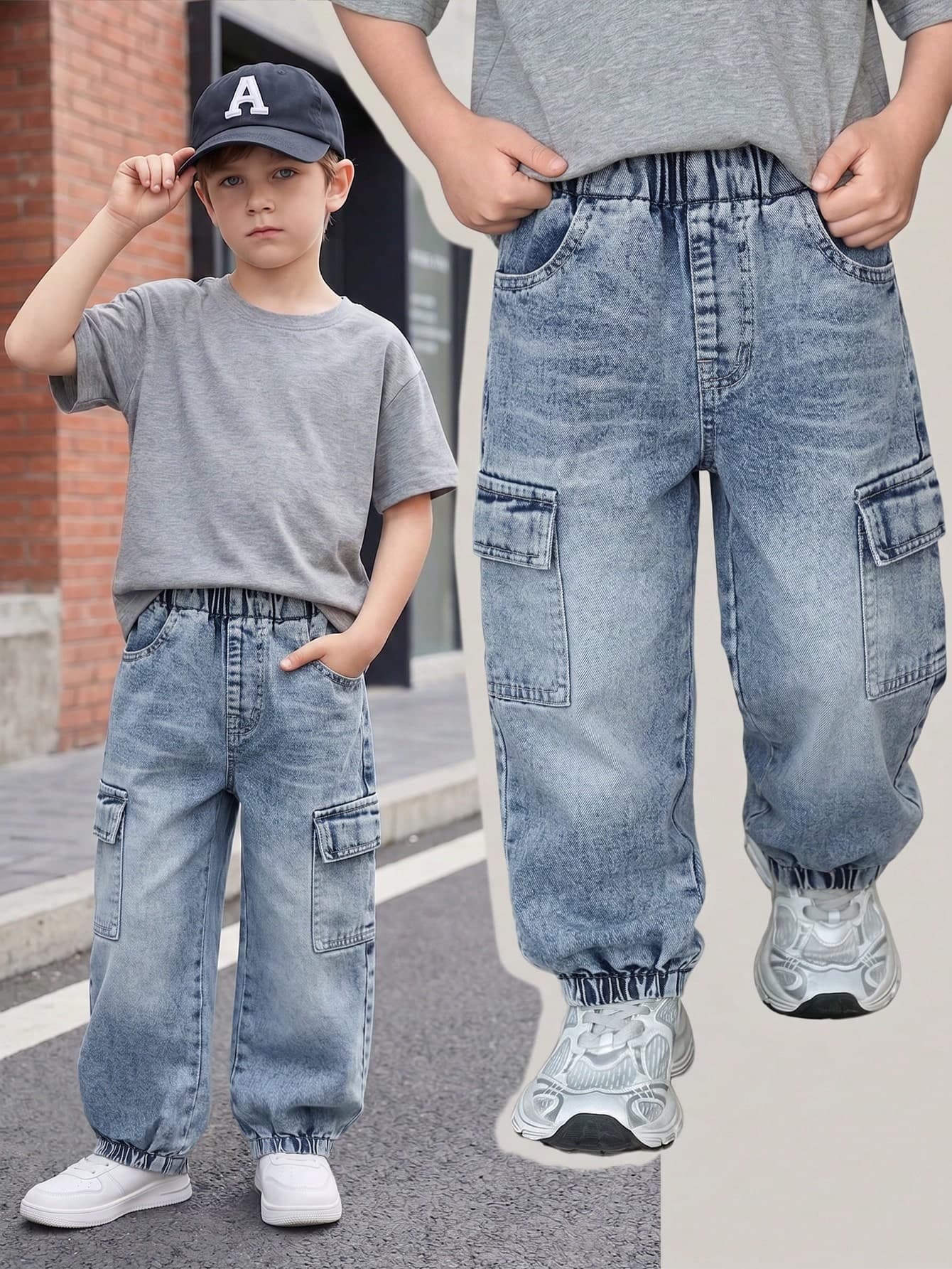 SHEIN Mirajuku Boys' Vintage Workwear Cuffed Denim Jeans, Summer New Arrival, Versatile Casual Streetwear Long Pants, Vintage Style, Distressed Wash Process, Elastic Waistband, Cargo Pockets, Cuffed Hem, Children's Day, Daily Brunch Date Graduation Party Beach Weekend Outing, Daily Commute Vacation Vibes Island Style Casual Workwear Denim Jeans