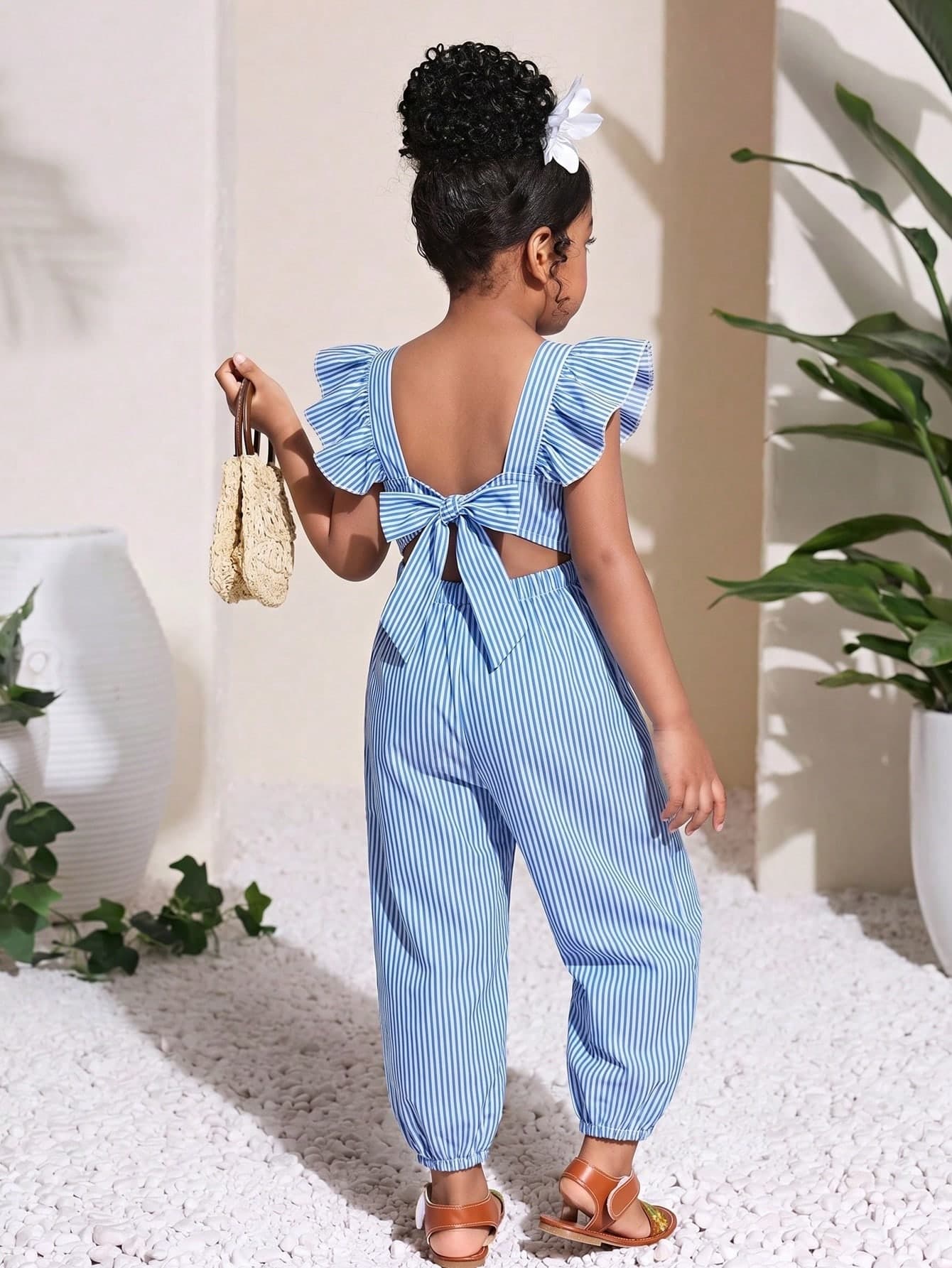 SHEIN Kids Girls' Navy Blue Bowknot Decor Ruffle Casual Jumpsuit Summer