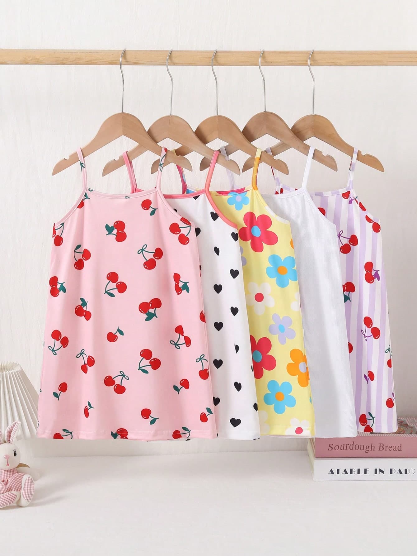 [5pcs Randomly Sent 1pc]Young Girl 1pc Pink Comfortable Sweet Cute Printed Knit Strappy Dress