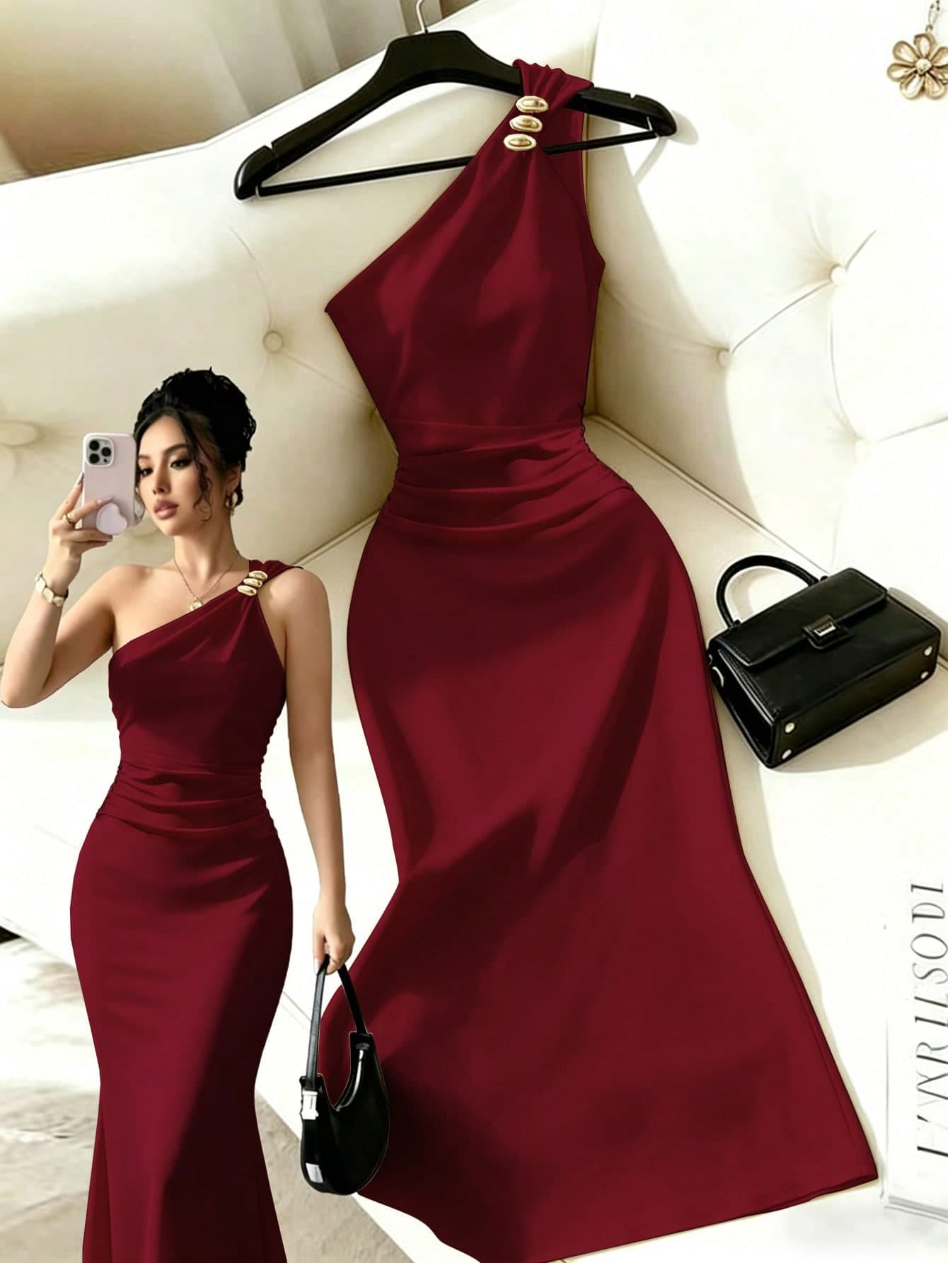 Rafferiza Women's Elegant Metal Decor Asymmetric Hem Dress, Summer