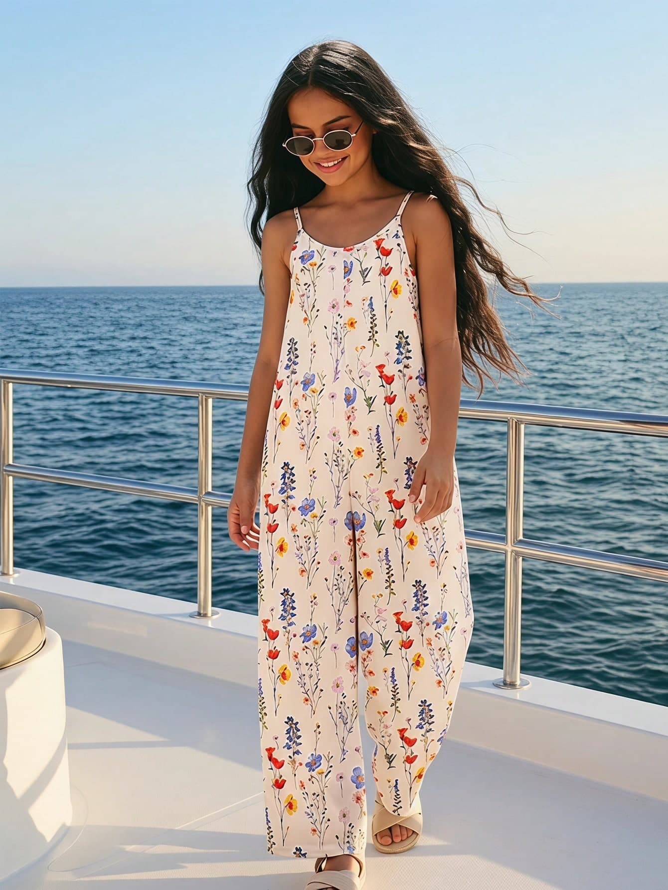 Girls'Ditsy Floral Jumpsuit,Beige Tropical Spaghetti Strap Loose Straight Leg,Adjustable Straps,Summer Outings DailyWear Parties Vacation Sweet Wear