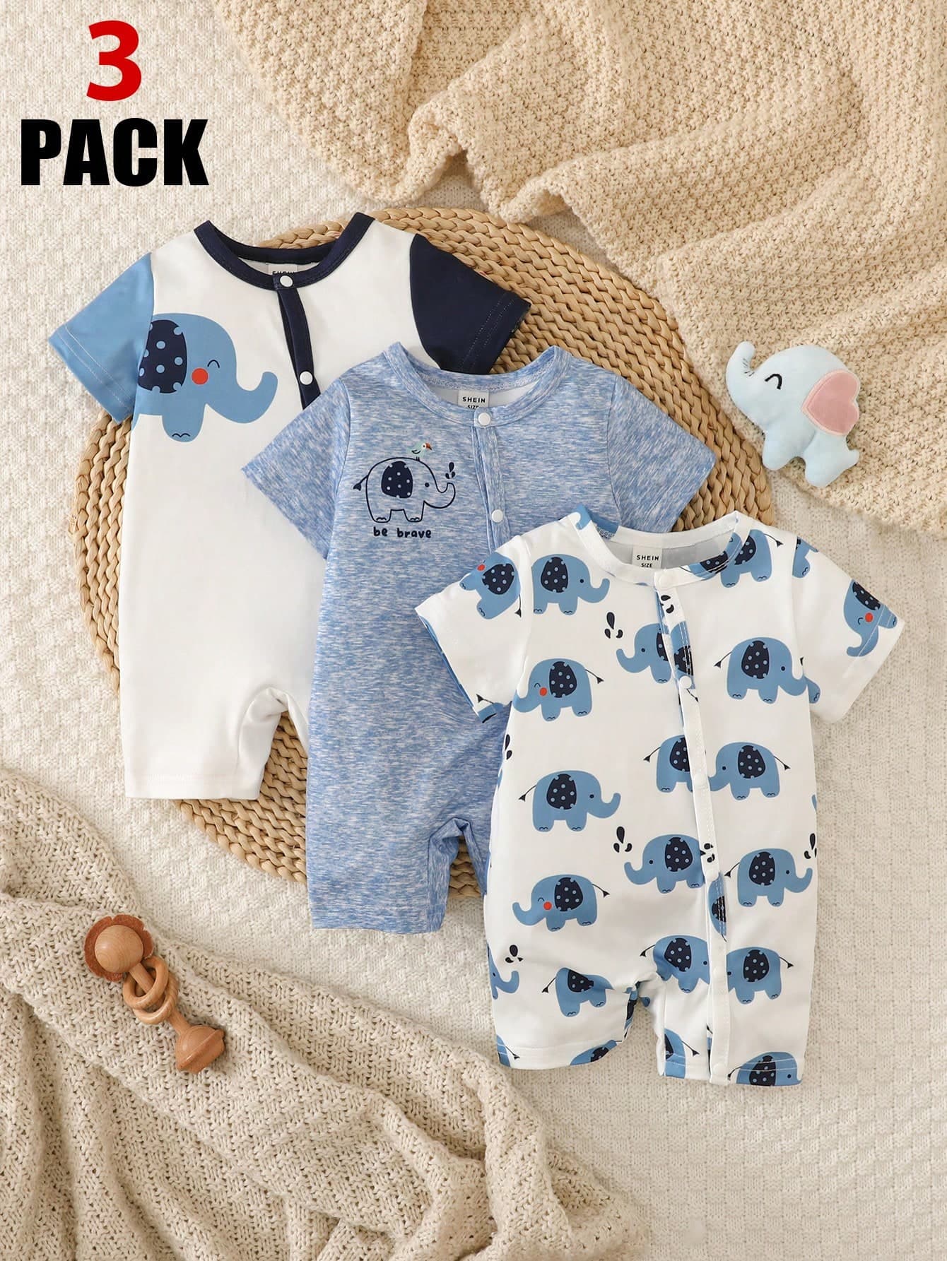 SHEIN 3pcs Newborn Baby Boy Cartoon Cute Bear Striped Print Short Sleeve Romper Shorts Thin Style Suitable For Daily Wear, Party, Celebration, 1st Birthday, 0-1 Years Old, Spring/Summer New Arrival