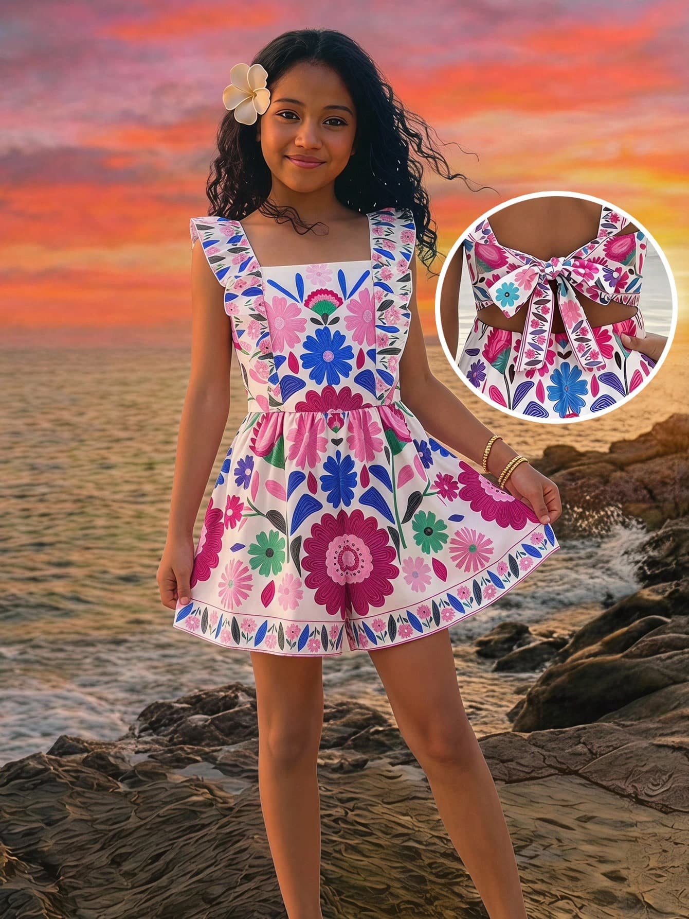 Tween Girl Fashionable Vacation Pink Floral Totem Retro Print Square Neck Backless Flutter Sleeve Loose Jumpsuit