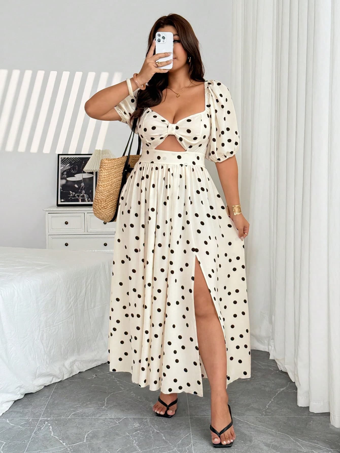 Vionelle Plus Size Vintage Polka Dot Puff Sleeve Hollow Out Split Dress
